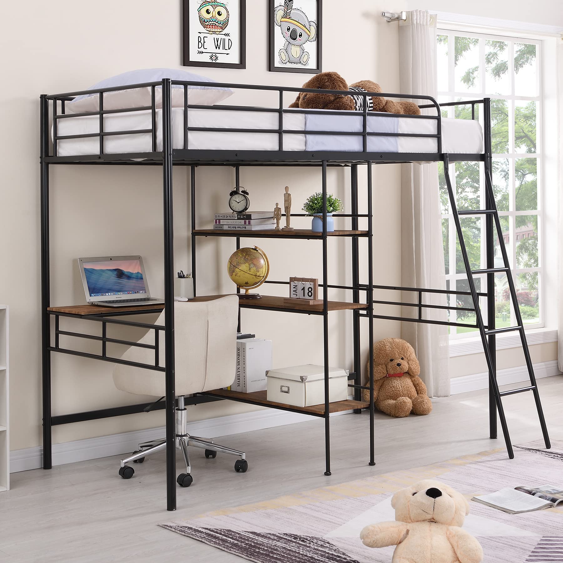 Bellemave Twin Size Metal Loft Bed with Desk & Storage Shelves - Heavy Duty Steel High Loft Bed for Kids, Teens & Adults - Space Saving Study & Sleep Solution for Small Rooms (Black) - No Box Spring Needed
