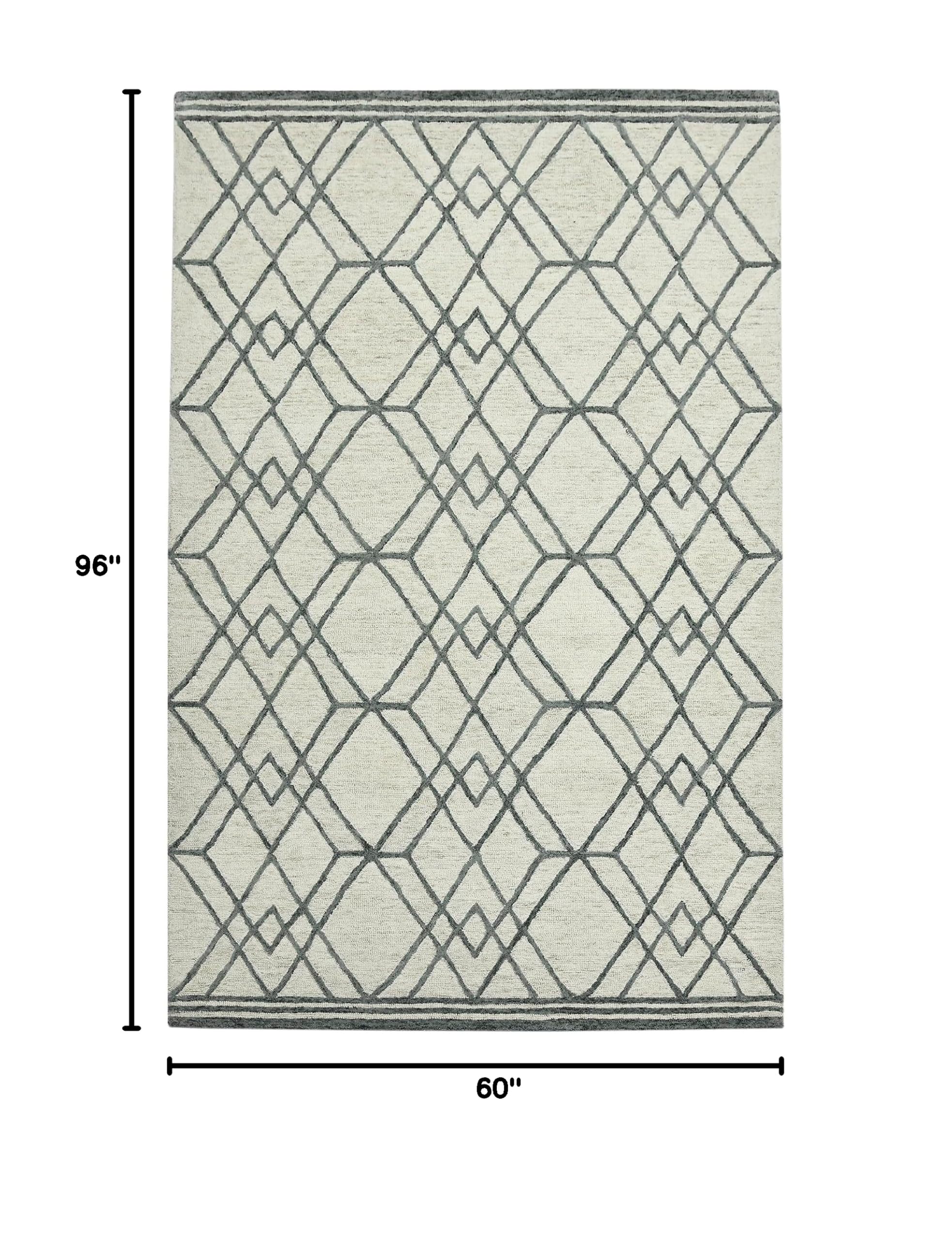 AMER Rugs Vista Duncan Collection 5x8 Hand-Hooked 100% Wool Area Rug - Geometric Pattern Ivory - Perfect for Living Room, Bedroom & Kitchen Decor
