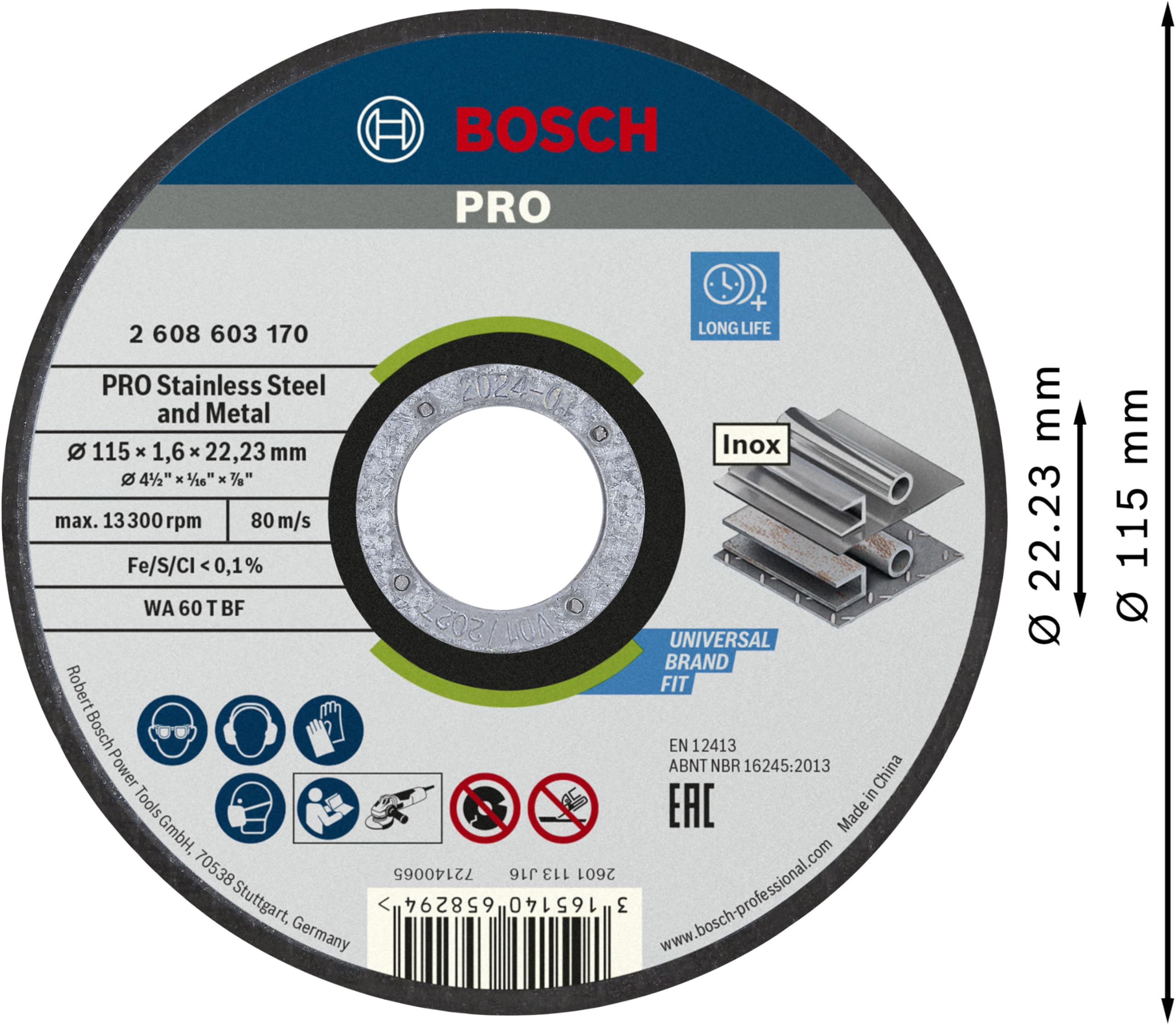 Bosch Professional 115mm Stainless Steel Cutting Disc - 1.6mm Thickness, 22.23mm Arbor - Angle Grinder Accessory for Metalworking, Construction & DIY Projects