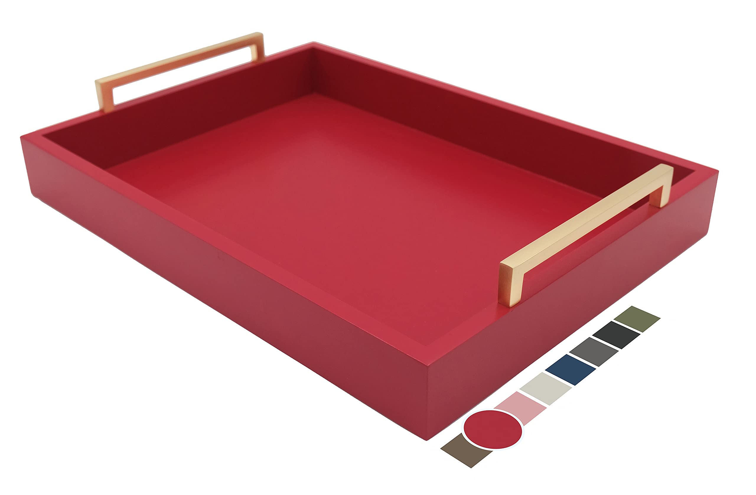 Farmhouse to Modern Decorative Coffee Table Tray with Champagne Gold Handles - Ottoman Serving Tray for Breakfast, Drinks & Liquor - Matte Finish Crimson Red - Perfect for Living Room, Bedroom & Home Decor