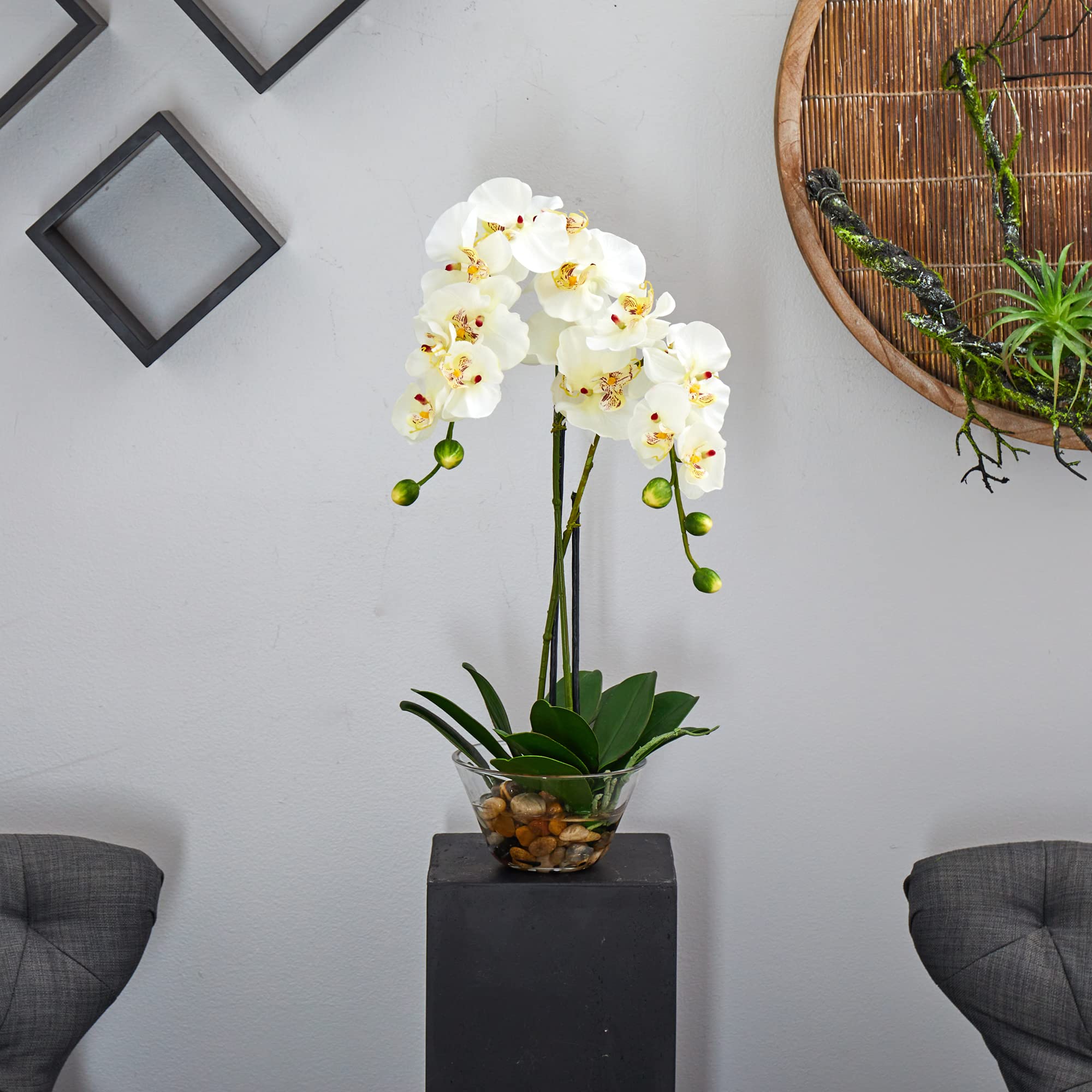 Nearly Natural 4643-WH White Phalaenopsis Silk Flower Arrangement with Glass Vase - 29