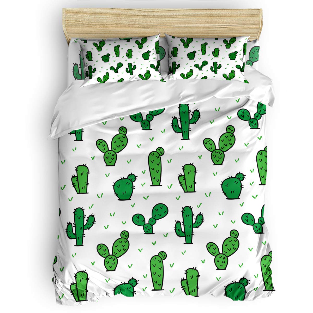 PartyShow 4-Piece Twin Bed Set - Cartoon Green Hand-Painted Cactus Comforter Cover with 2 Pillowcases | Soft Bedding for Kids' Room, Girls & Boys | Perfect for Bedroom Decor, Sleepovers & Cozy Nights