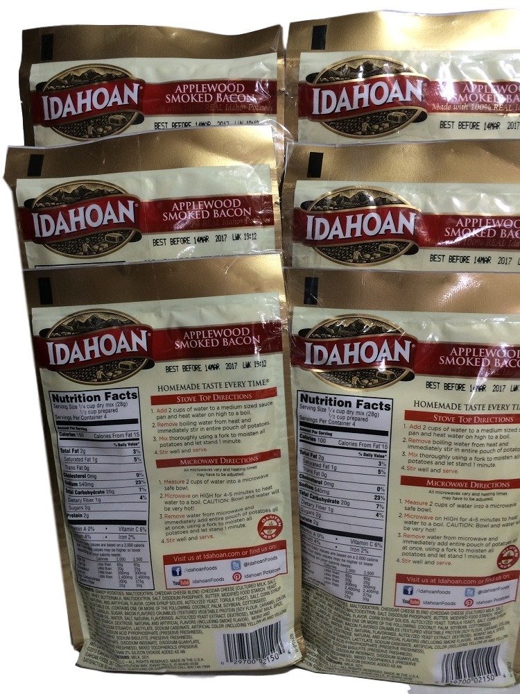 Idahoan Applewood Smoked Bacon Flavored Mashed Potatoes - 4oz Pouch (Pack of 6) | Instant Potato Side Dish for Camping, BBQs & Quick Family Meals