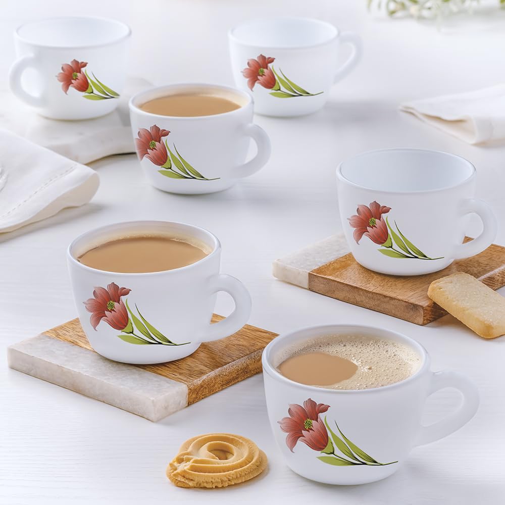 Borosil Red Iris Opalware 6-Piece Tea & Coffee Cup Set (140ml) | Microwave & Dishwasher Safe | Bone-Ash Free | Elegant White Crockery for Daily Use, Gifts, Restaurants & Home Decor