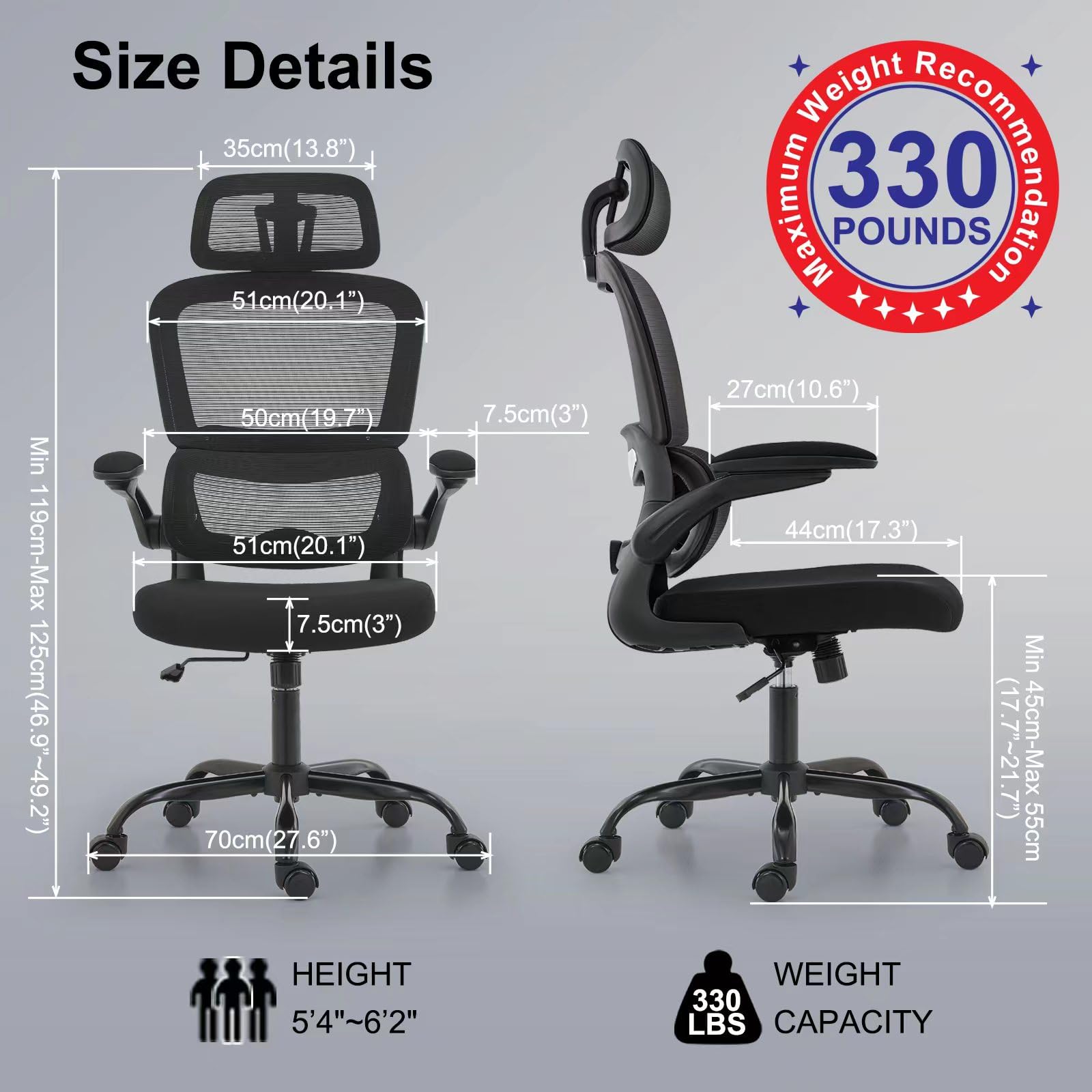 Ergonomic Office Chair with Wheels - 330 LBS Capacity High Back Mesh Desk Chair for Home & Gaming - Comfortable Computer Chair for Long Hours Work (Black) - Perfect for Home Office, Gaming Setup & Workspaces