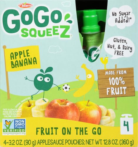 GoGo squeeZ Apple Banana Fruit Pouches, 3.2 oz (Pack of 12) - Unsweetened, Gluten Free, Nut Free & Dairy Free Kids Snacks with Recloseable Cap | BPA Free | Healthy On-The-Go Snack for School, Travel & Lunchboxes