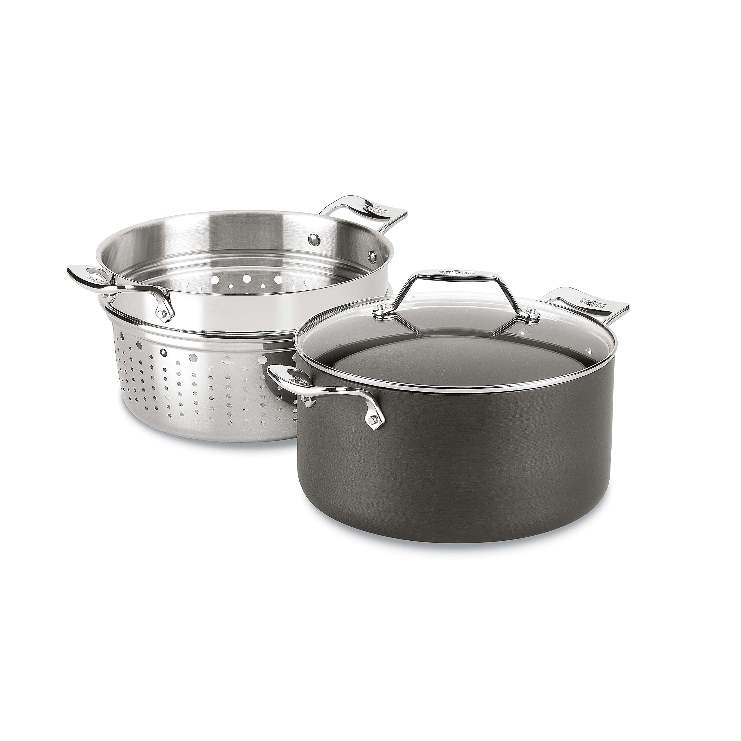 All-Clad Essentials 7 Quart Hard Anodized Nonstick Multi-Pot - Oven & Broiler Safe Up to 500°F with Strainer Lid - Pasta Pot with Handle - Perfect for Cooking, Boiling & Straining Pasta, Soups & Stews - Black Cookware Set