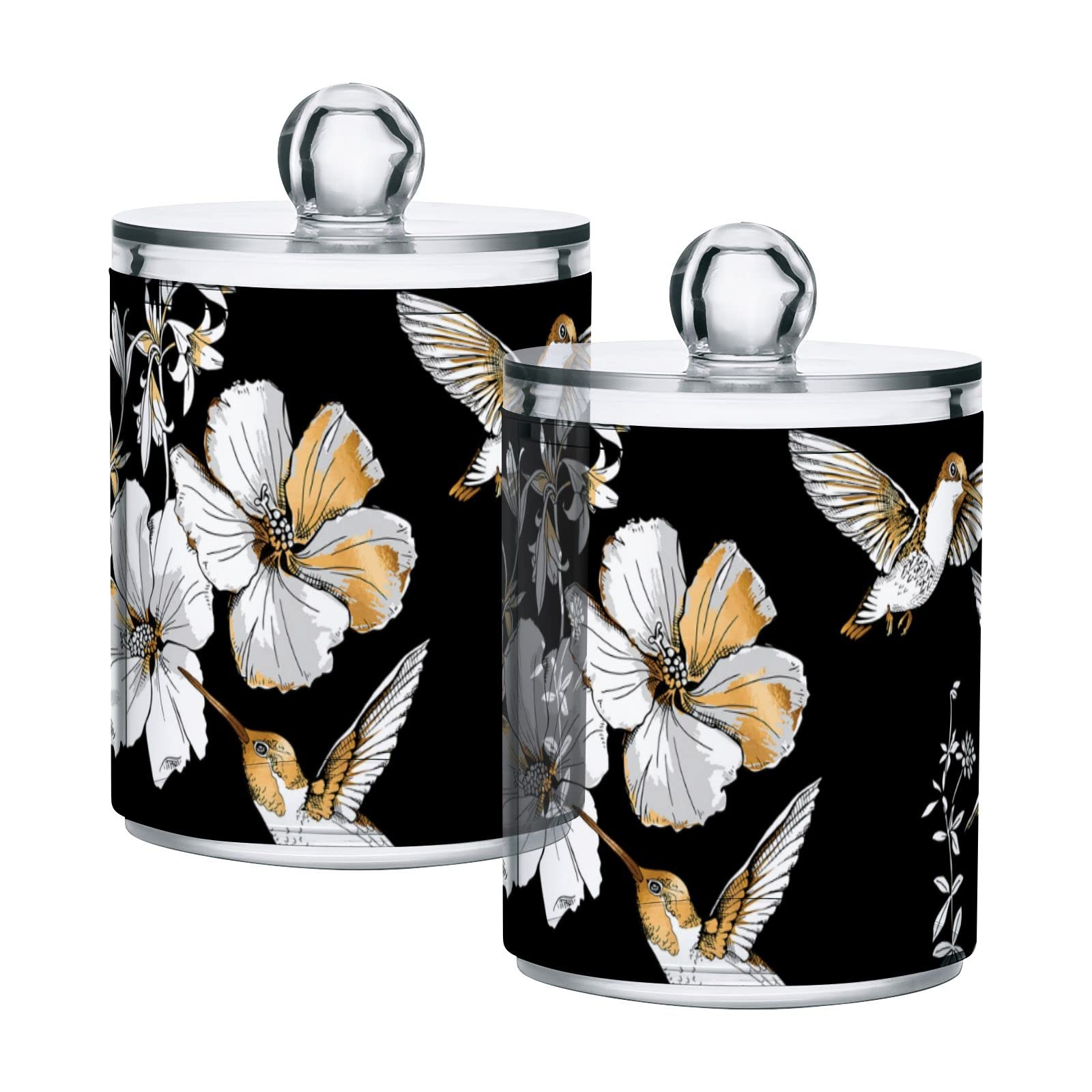 Exotic Tropical Hibiscus & Hummingbird Design Plastic Storage Jars with Lids - Set of 2 (10oz Translucent Food Containers) for Tea, Cookies, Cotton Swabs | Airtight Canning Jars for Kitchen Pantry Organization & Home Decor