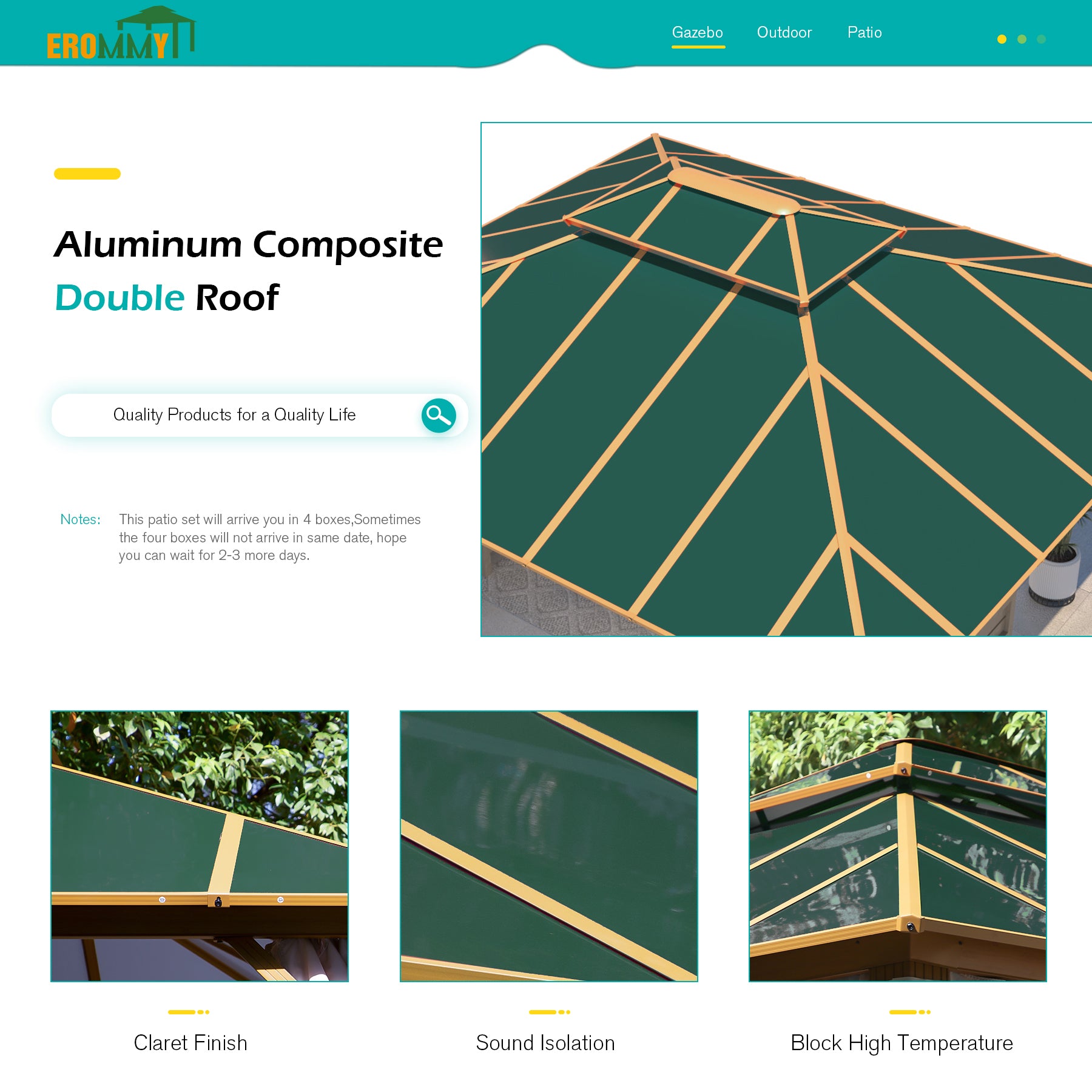 EROMMY 12X16 Gazebo with Wooden Grain Coated Aluminum Frame - Outdoor Patio Canopy for Backyard, Garden, and Poolside Relaxation
