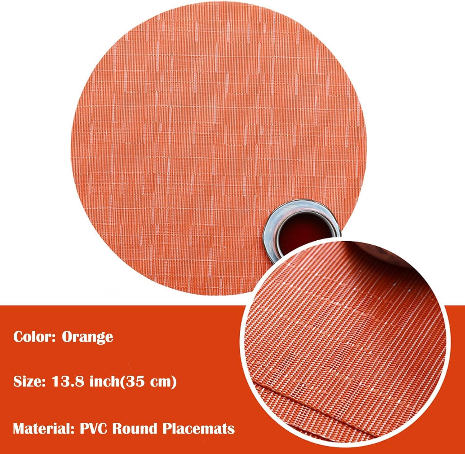 6-Pack Round Woven Placemats - 13.8 Inch Non-Slip Washable Table Mats for Christmas, Home, Wedding & Party Decor - Orange - Perfect for Dining Tables, Kitchen Countertops and Holiday Gatherings