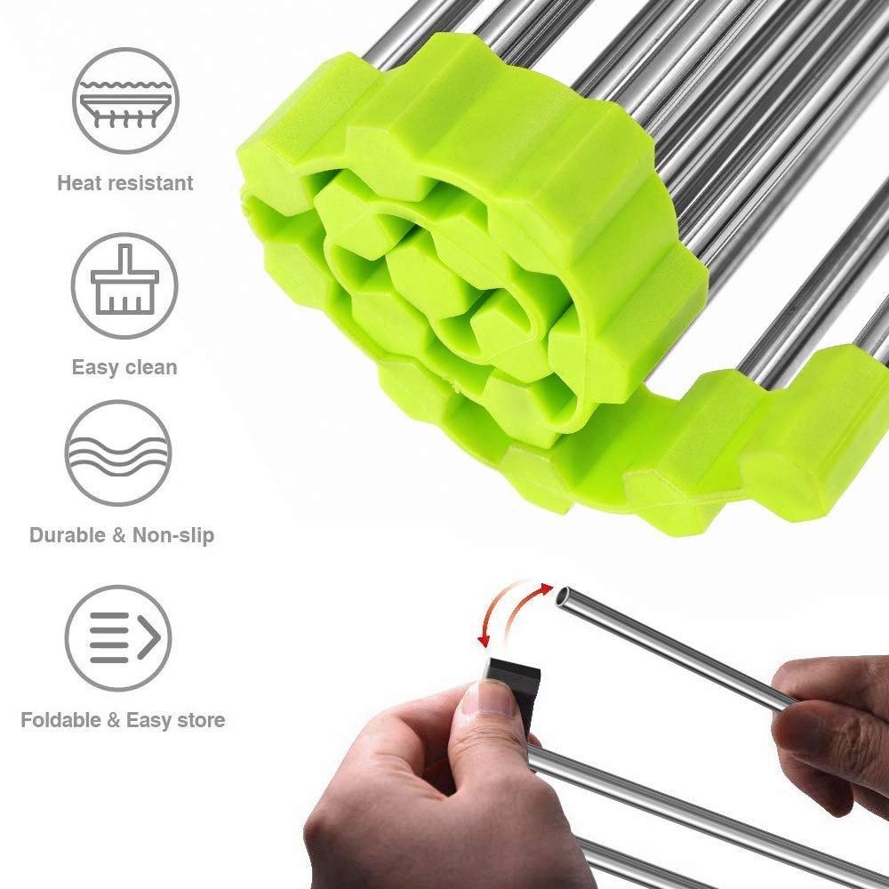 Foldable Roll-Up Kitchen Sink Drain Rack - Non-Slip Silicone & Stainless Steel Dish Drying Rack for Dishes, Utensils, and Vegetables | Space-Saving, Durable, and Easy to Clean | Perfect for Small Kitchens, RVs, and Apartments
