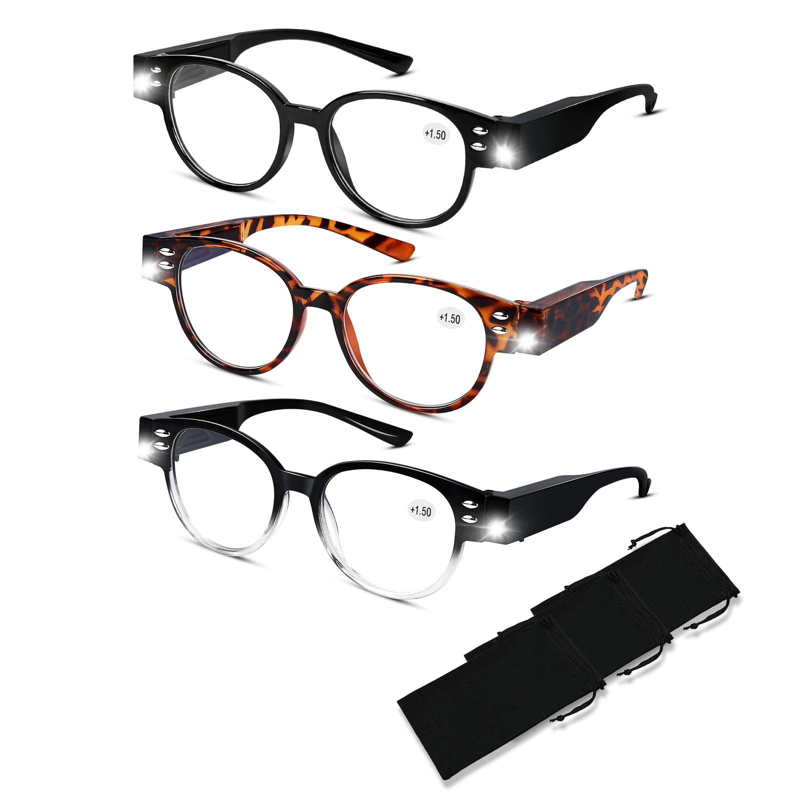 3 Pack LED Reading Glasses with Bright Lights - Magnifying & Blue Light Blocking Glasses for Men & Women - Perfect for Night Reading, Crafts & Low Light Conditions (+1.5 Magnification)