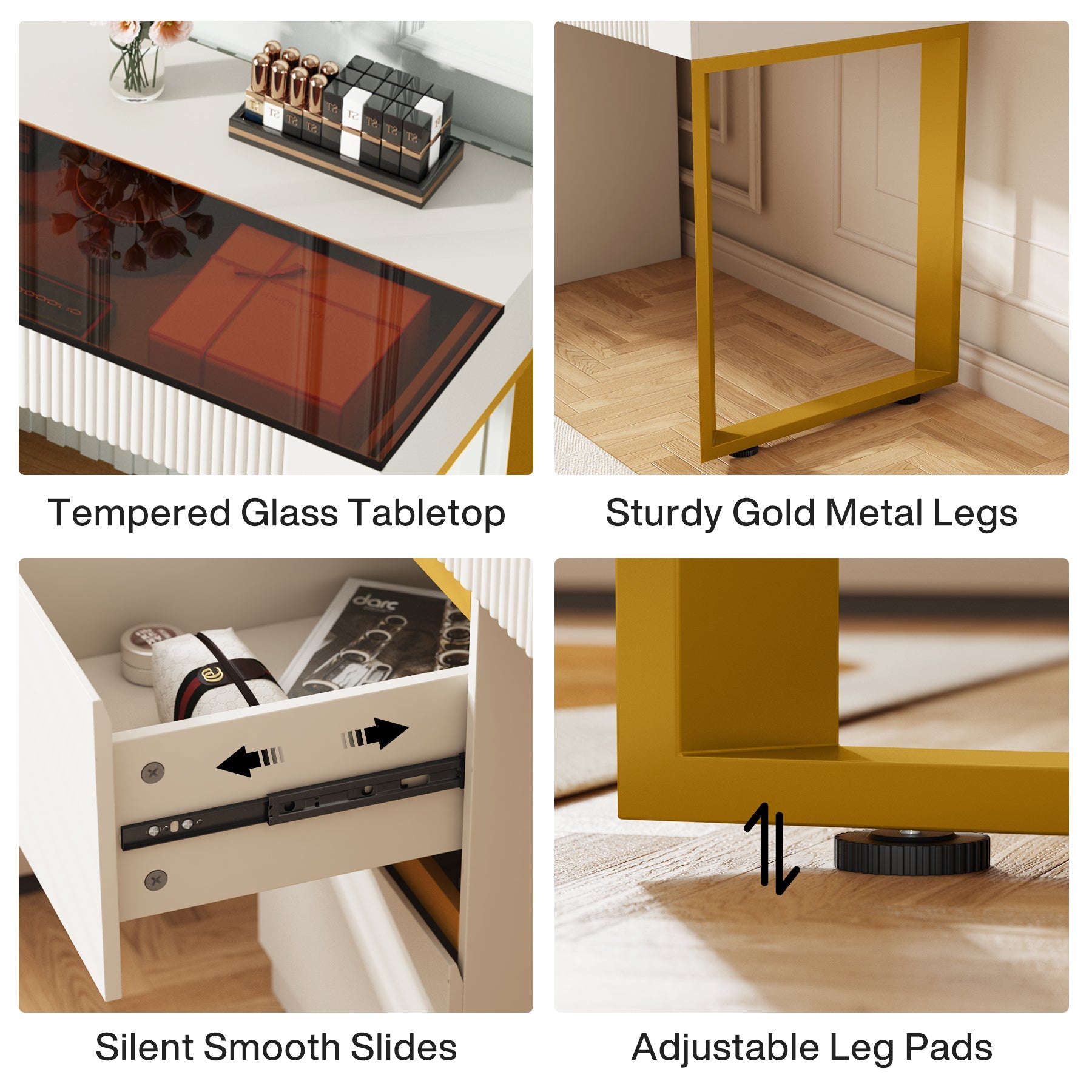 4 Drawer Makeup Vanity with Glass Top - Modern Dressing Table for Bedroom & Bathroom (No Mirror Included) - Perfect for Cosmetics Storage & Beauty Organization