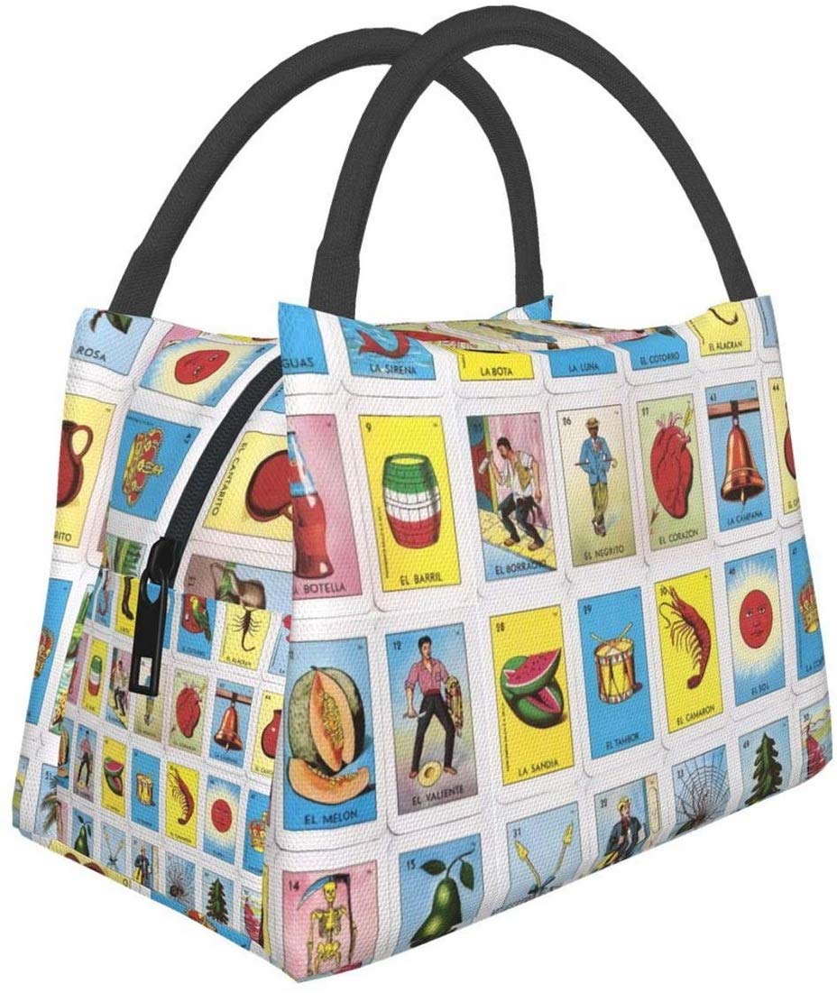 Portable Insulated Lunch Bag with Colorful Mexican Loteria Design - Waterproof Thermal Tote for Bento, Office, School, Hiking, Beach & Fishing | Perfect for Work Lunches, Picnics & Outdoor Activities