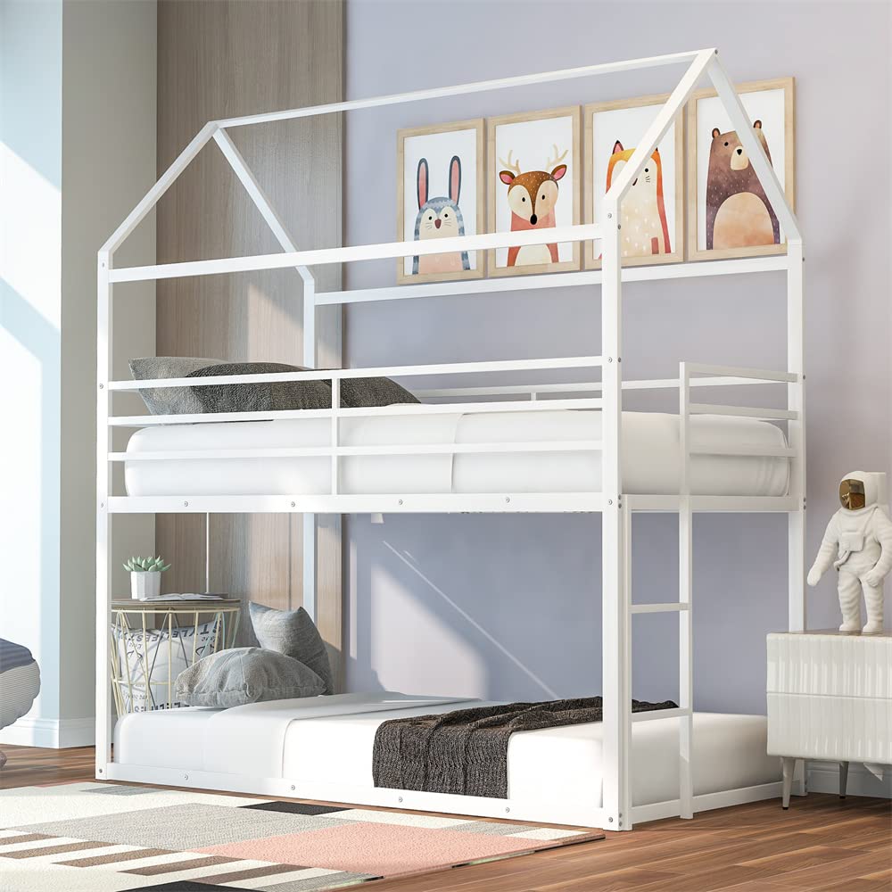 **Metal Twin Over Twin Low Bunk Bed with Roof - Full-Length Guardrail & Ladder - Space-Saving House Bed for Kids & Teens - No Box Spring Needed - White - Perfect for Small Rooms, Dormitories & Shared Kids' Bedrooms**