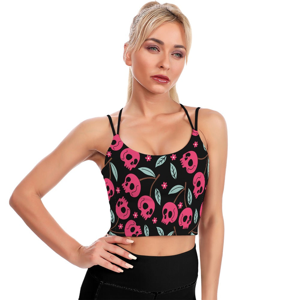 Cherry Skulls Print Cropped Yoga Tops for Women - Trendy Workout Shirts for Yoga, Gym & Fitness - Breathable & Comfortable Activewear