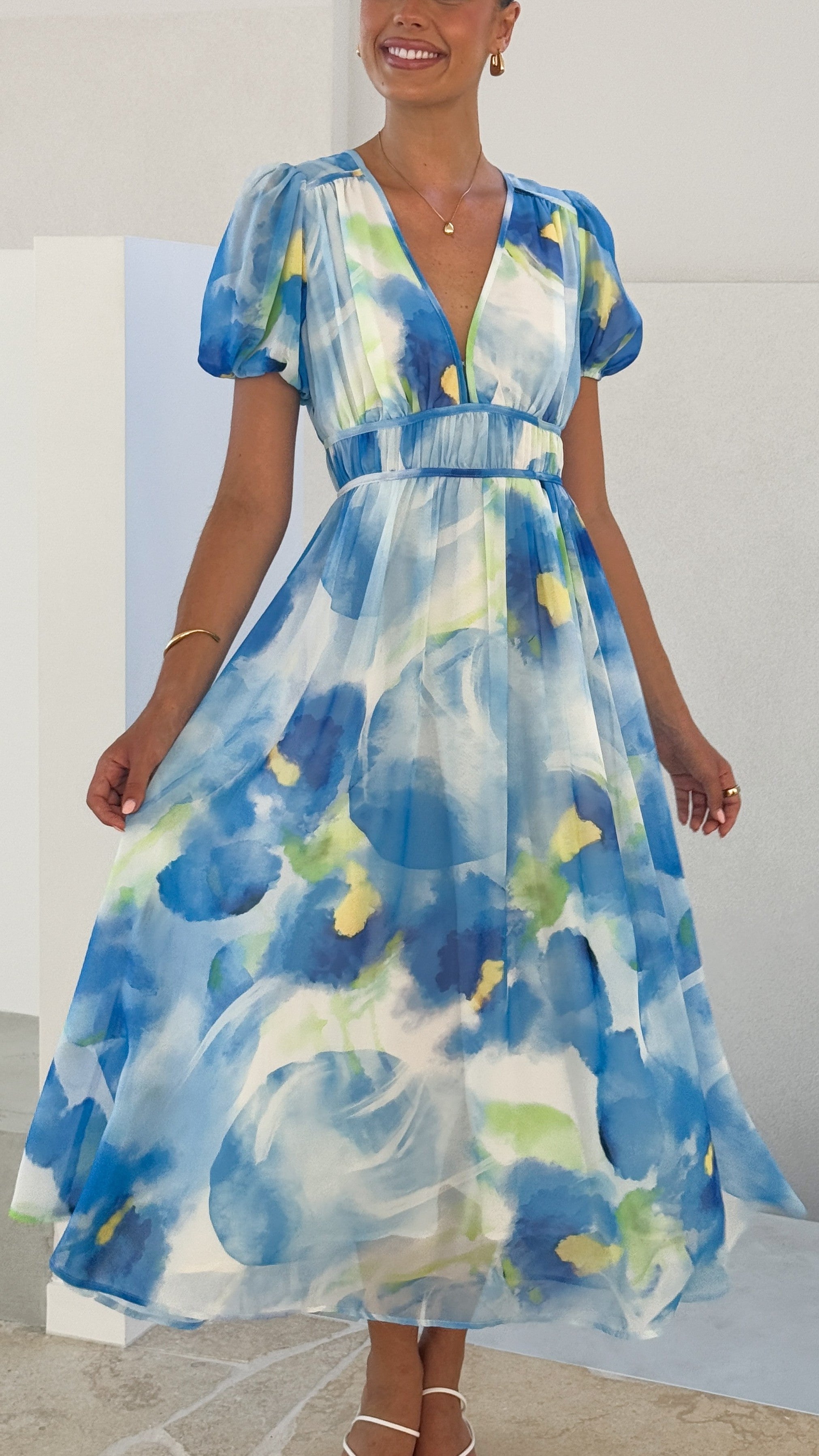 Amberose Maxi Dress for Women - Blue & Green Flowy Summer Beach Dress | Perfect for Vacations, Parties & Casual Outings