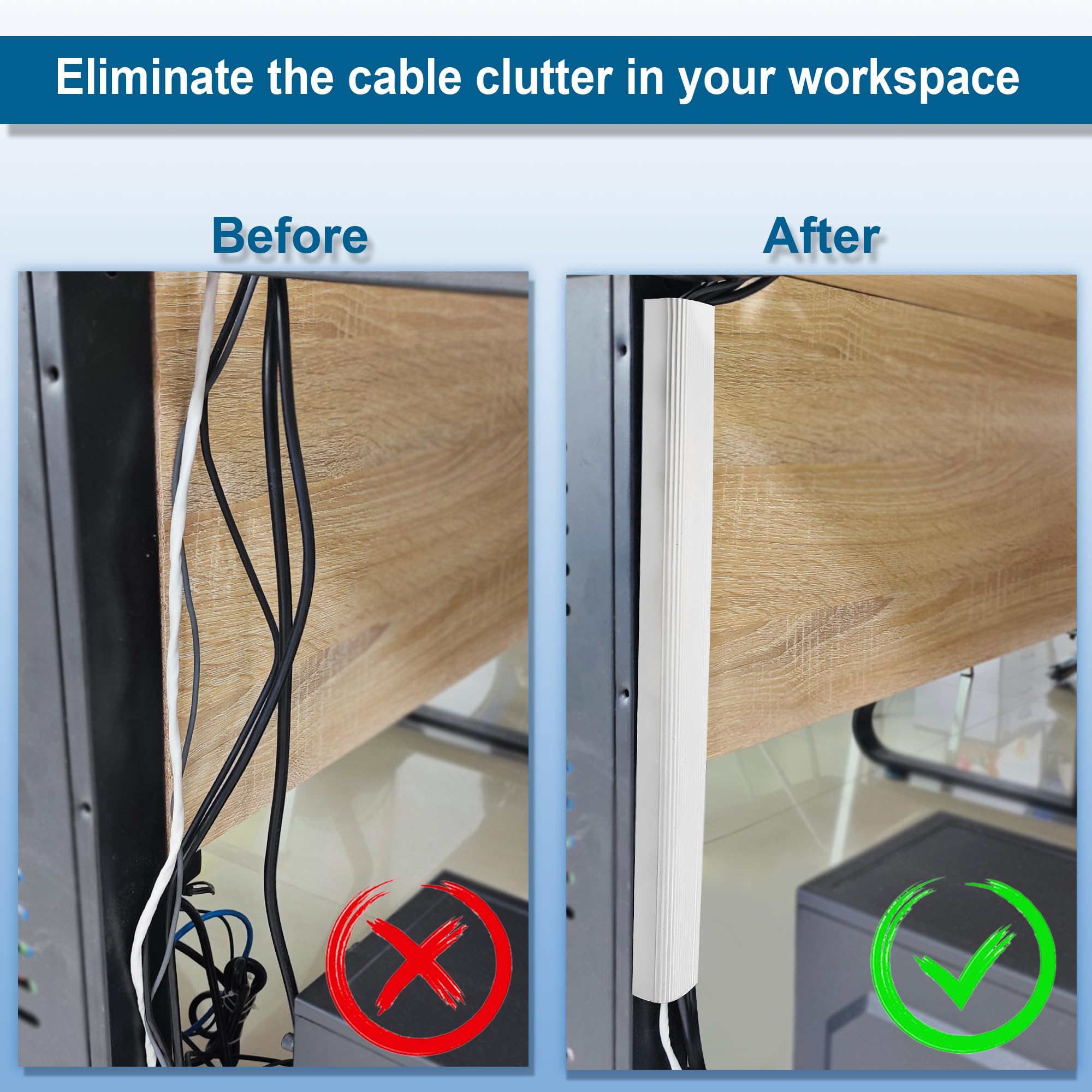 Under Desk Cable Management J Channel - Neat Cord Organizer for Home & Office Workspace | Wire Hider for Computer, TV & Electronics | Easy Installation Cable Tray Solution