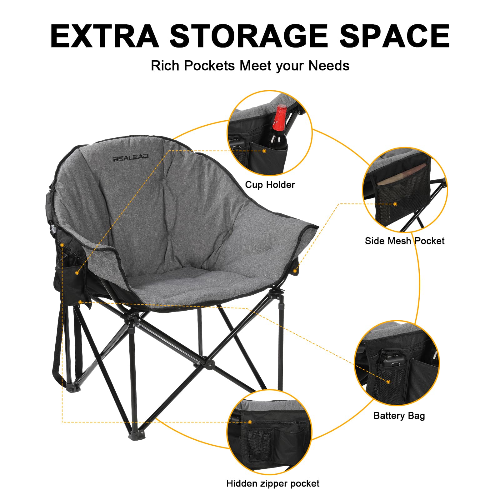 REALEAD Oversized Camping Chairs for Adults - Heavy Duty 400lbs Capacity Folding Chair with Full Padding - Comfortable Moon Round Outdoor Chair for Lawn, Beach, Picnic, Sporting Events & Backyard Relaxation
