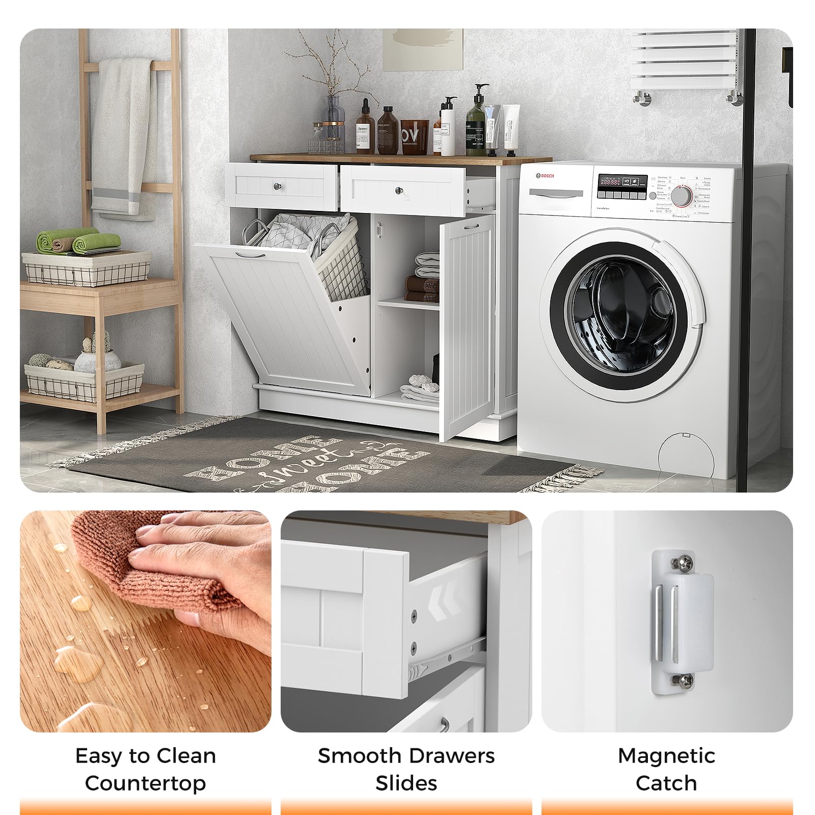 Tilt Out Trash Cabinet - White Kitchen Island with 2 Drawers, Adjustable Shelf & Rubber Wood Countertop | Freestanding Laundry Hamper & Pet Proof Garbage Can Holder with Recycle Bins | Perfect for Small Kitchens, Laundry Rooms & Pet-Friendly Homes
