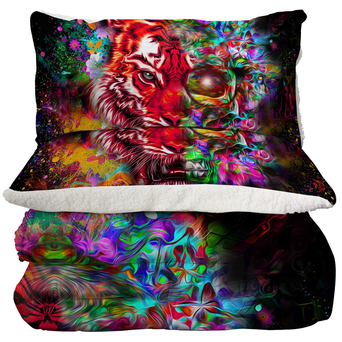 Super Soft Sherpa Comforter Set - Faux Fur Bedspread, 3D Lightweight Fuzzy Duvet Blanket with Polyester Filler, Includes 2 Pillow Shams (Rainbow Tiger, King Size) - Cozy Winter Bedding for Home, Dorm & Guest Room