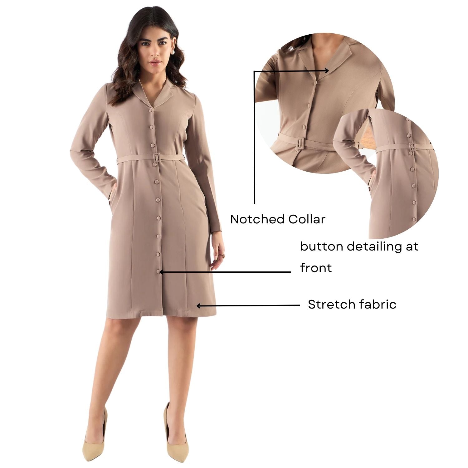 Classic Beige Tailored Above Knee Dress with Notched Collar - Stretchable Fabric Women's Work Dress for Office, Cocktail Party & Formal Events