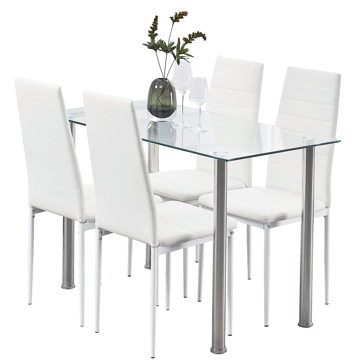 ROZHOME 5-Piece Dining Table Set for 4 with Tempered Glass Top & White PU Leather Chairs - Perfect for Small Kitchens, Breakfast Nooks, and Compact Dining Spaces
