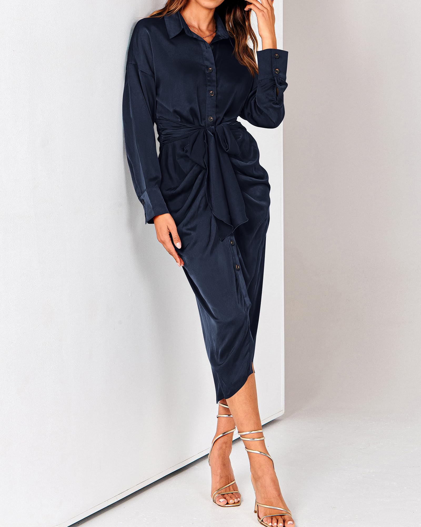 BTFBM Women's Elegant Long Sleeve Satin Dress - V Neck Button Down Lapel Maxi Shirt Dress with Belt & Ruched Detail for Spring Summer 2025 | Perfect for Weddings, Parties & Office Wear