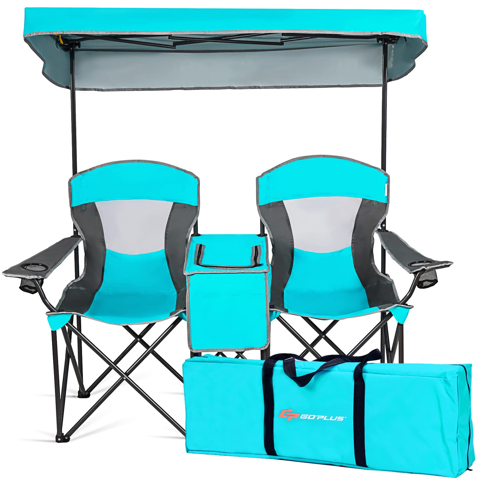 Goplus Double Beach Chair with Canopy Shade - Folding Lawn & Camping Chair with Sunshade, Mini Table, Beverage Holder & Carrying Bag - Perfect for Outdoor Travel, Hiking, Fishing, Poolside & Backyard Relaxation (Lake Blue)