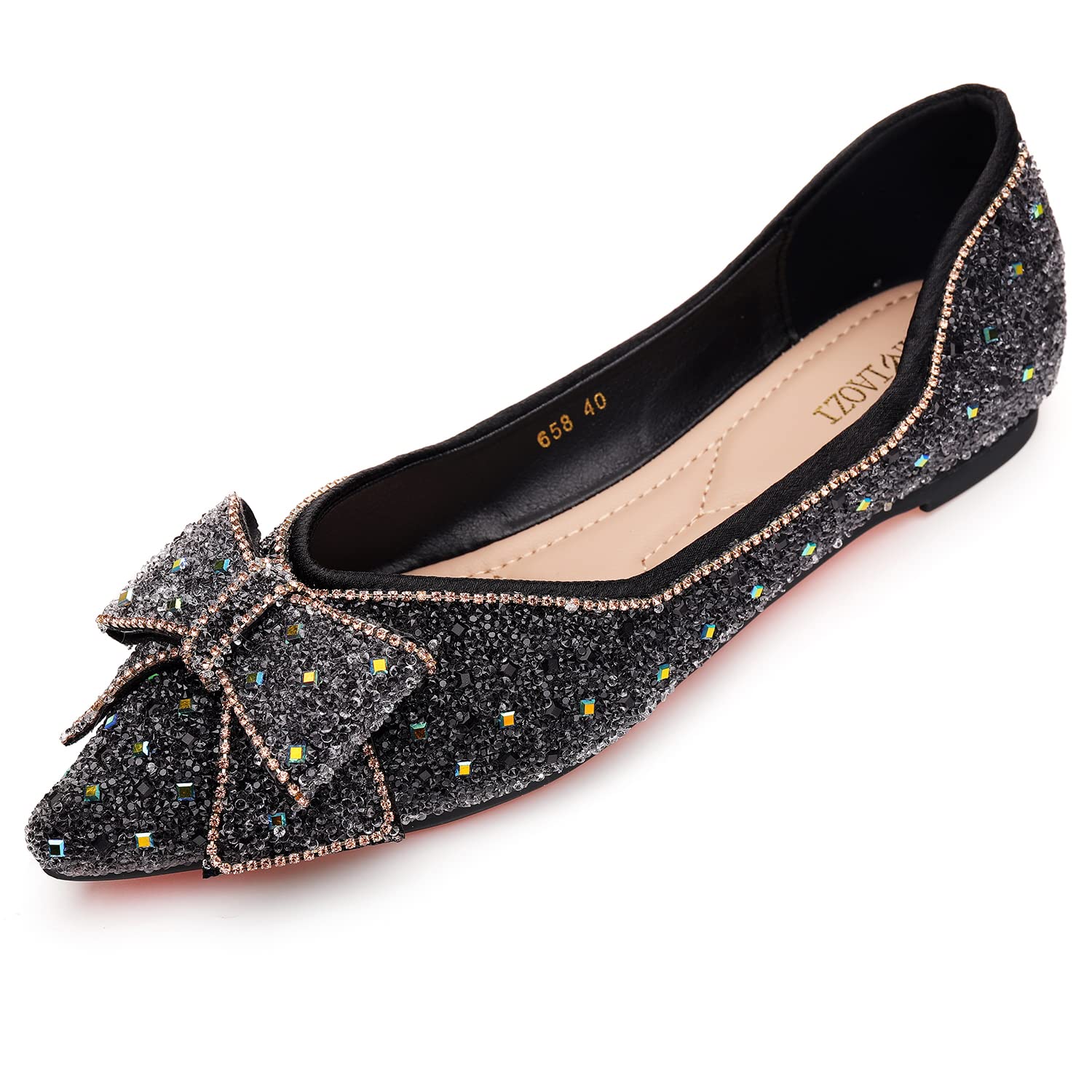 Sparkly Rhinestone Pointed Toe Ballet Flats for Women - Glitter Flower Wedding Dress Shoes Comfortable for Bridal Party, Prom & Evening Events