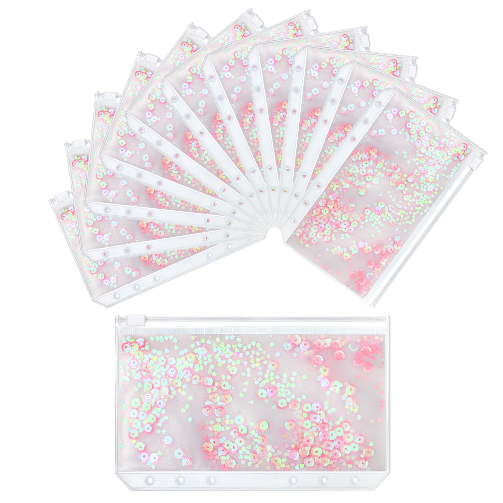 12-Piece A6 6-Ring Binder Pockets - Soft PVC Planner Organizer with Sequins, Zipper Pouches & Cash Envelopes for Budgeting, Filing & Document Storage - Perfect for 6-Ring Binders, Journals & Notebooks (Pink) - Ideal for Office, School & Home Organization