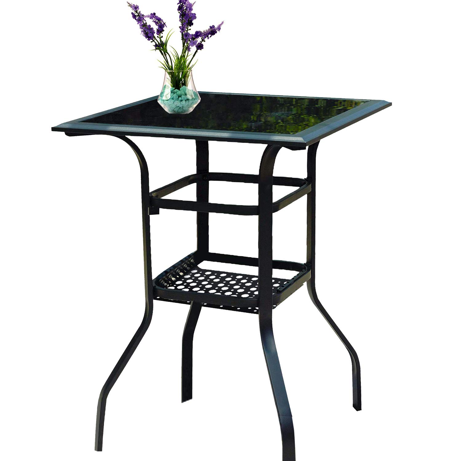 PatioFestival 2-Tier Outdoor Bistro Bar Table - Metal Steel Slat Dining Side Table with Tempered Glass Top & Storage - Perfect for Patio, Garden, Balcony & Small Space Dining (1 Table)