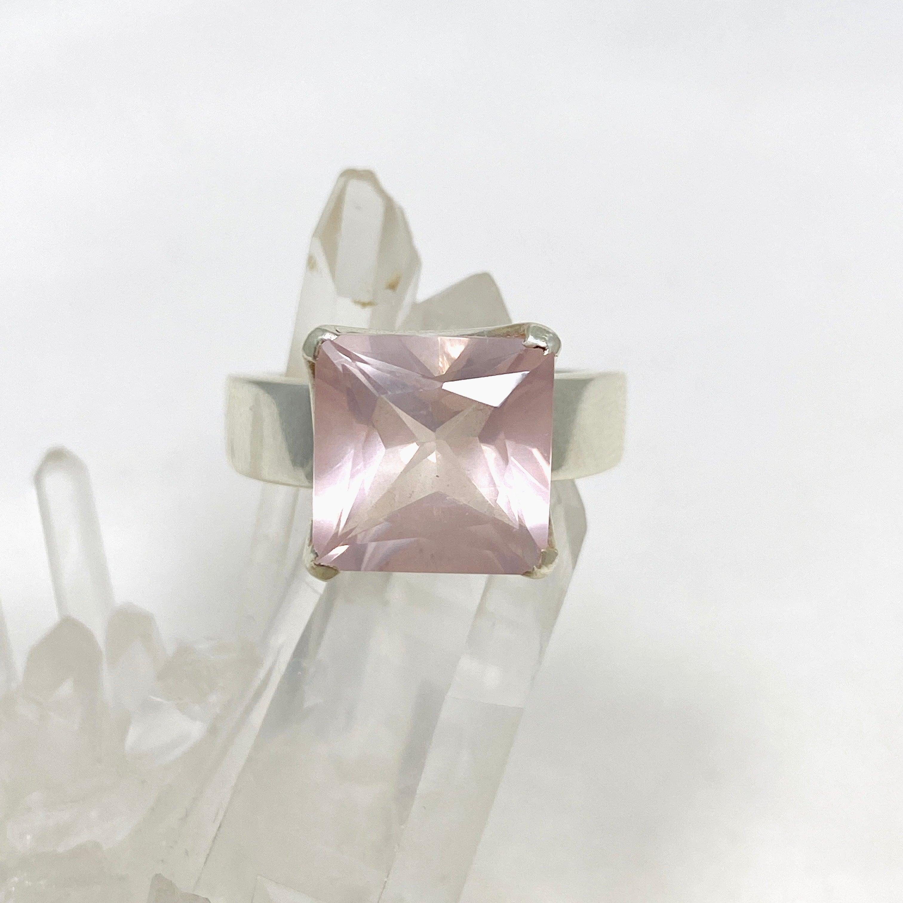 Rose Quartz Faceted Square Ring Size 11.5 PRGJ427 - Elegant Healing Crystal Jewelry for Women, Perfect for Meditation, Yoga & Spiritual Gifts