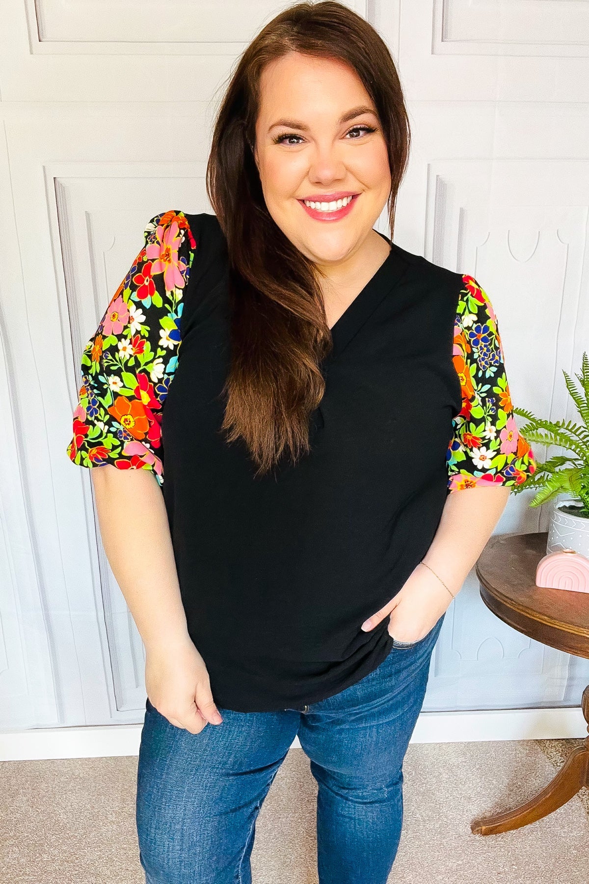 Eyes On You Black Floral Puff Sleeve V Neck Top - Women's Fashion Blouse for Date Night & Special Occasions