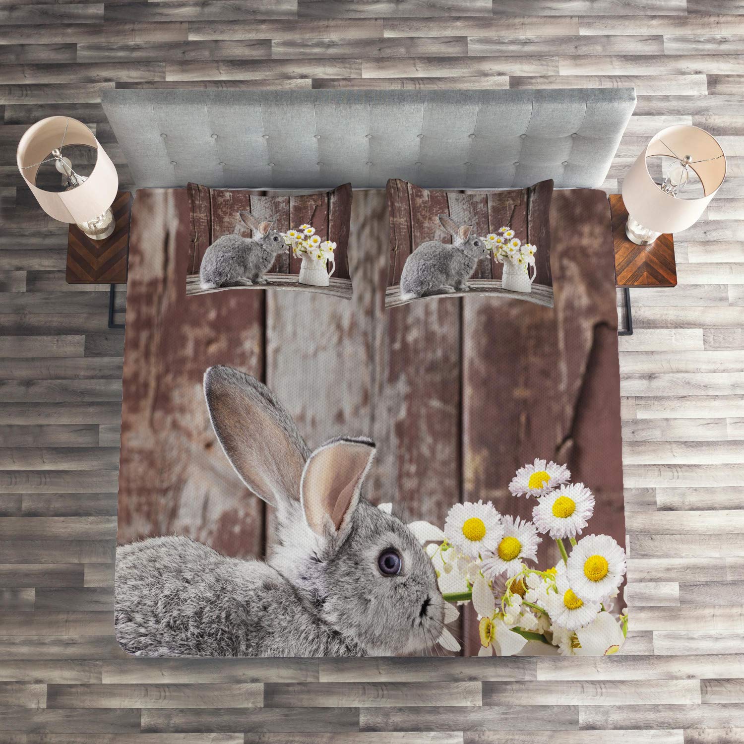 Ambesonne Easter Bunny Quilt Set - Smoke Grey Rabbit with Daisies on Rustic Wood Background, 3-Piece King Size Bedspread with 2 Pillow Shams | Spring Home Decor, Easter Gift, Farmhouse Bedroom Style
