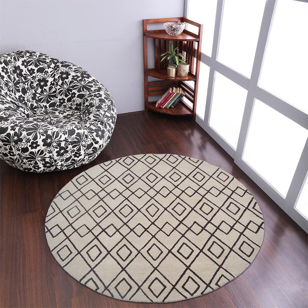 Hand Tufted Wool Eco-Friendly Round Area Rug 8'x8' - Cream & Brown Geometric Modern Design, High Pile Thick Handmade Carpet for Living Room & Bedroom | Soft & Durable Floor Decor for Home, Office & Nursery (K04510)