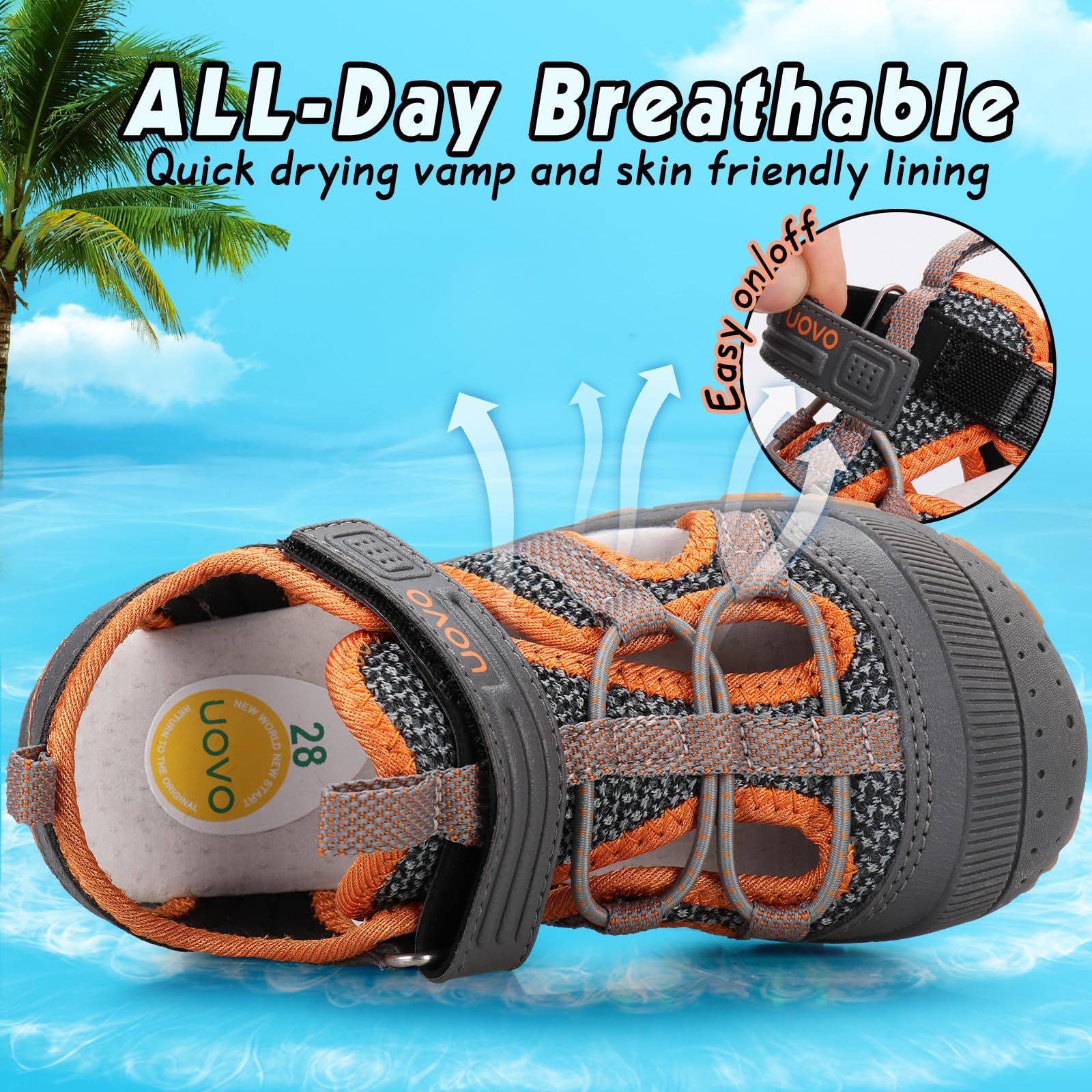 UOVO Boys Girls Water Sandals with Closed Toe - Lightweight Summer Outdoor Sport Shoes for Toddler Little Kid Big Kid - Perfect for Beach, Pool, Park & Playground Activities
