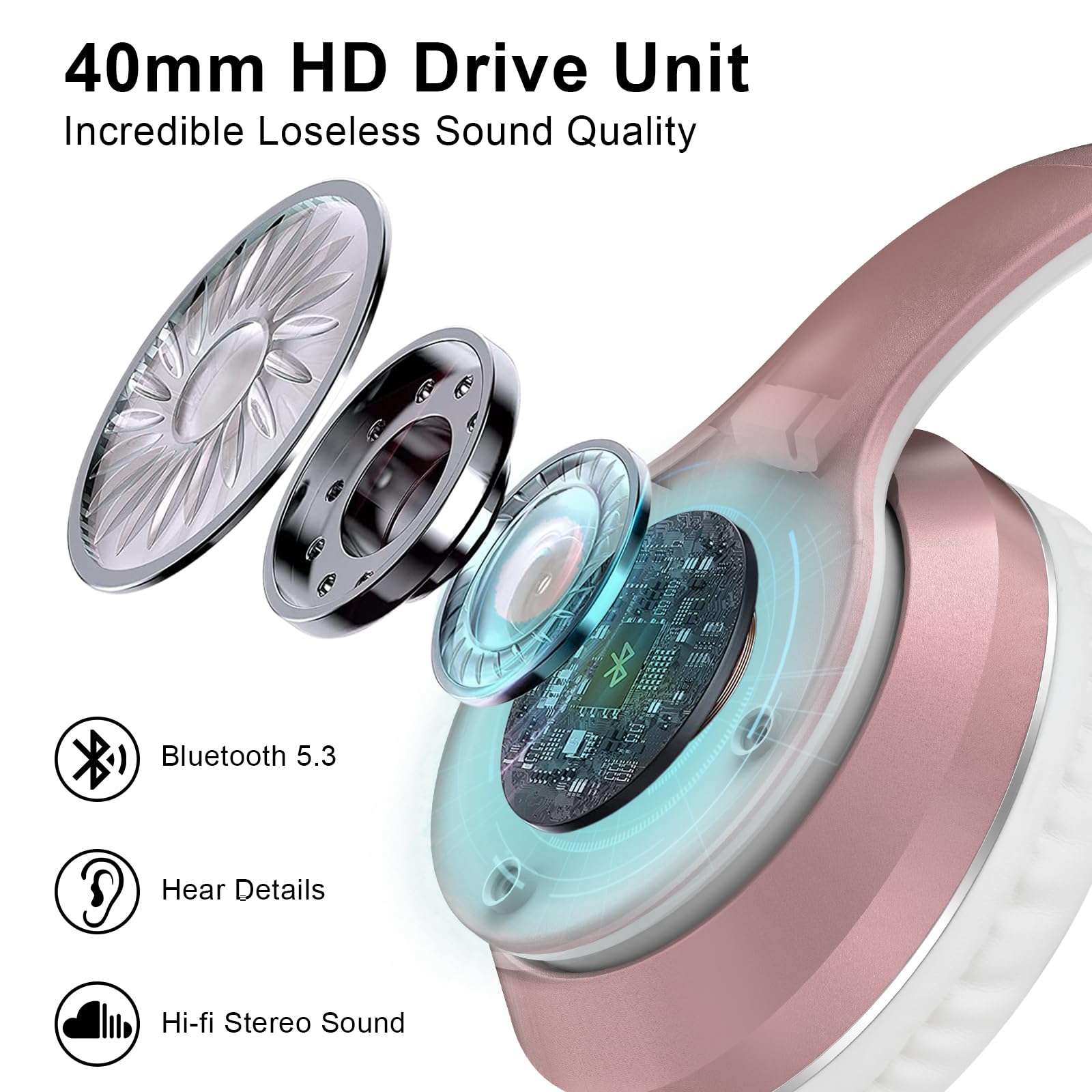 B9 Bluetooth Headphones Over-Ear Wireless with Microphone, 60 Hours Playtime Hi-Fi Stereo Sound, Lightweight Foldable Headset with Volume Control - Perfect for Travel, Home, Office & Tablet PC (Rose Gold)