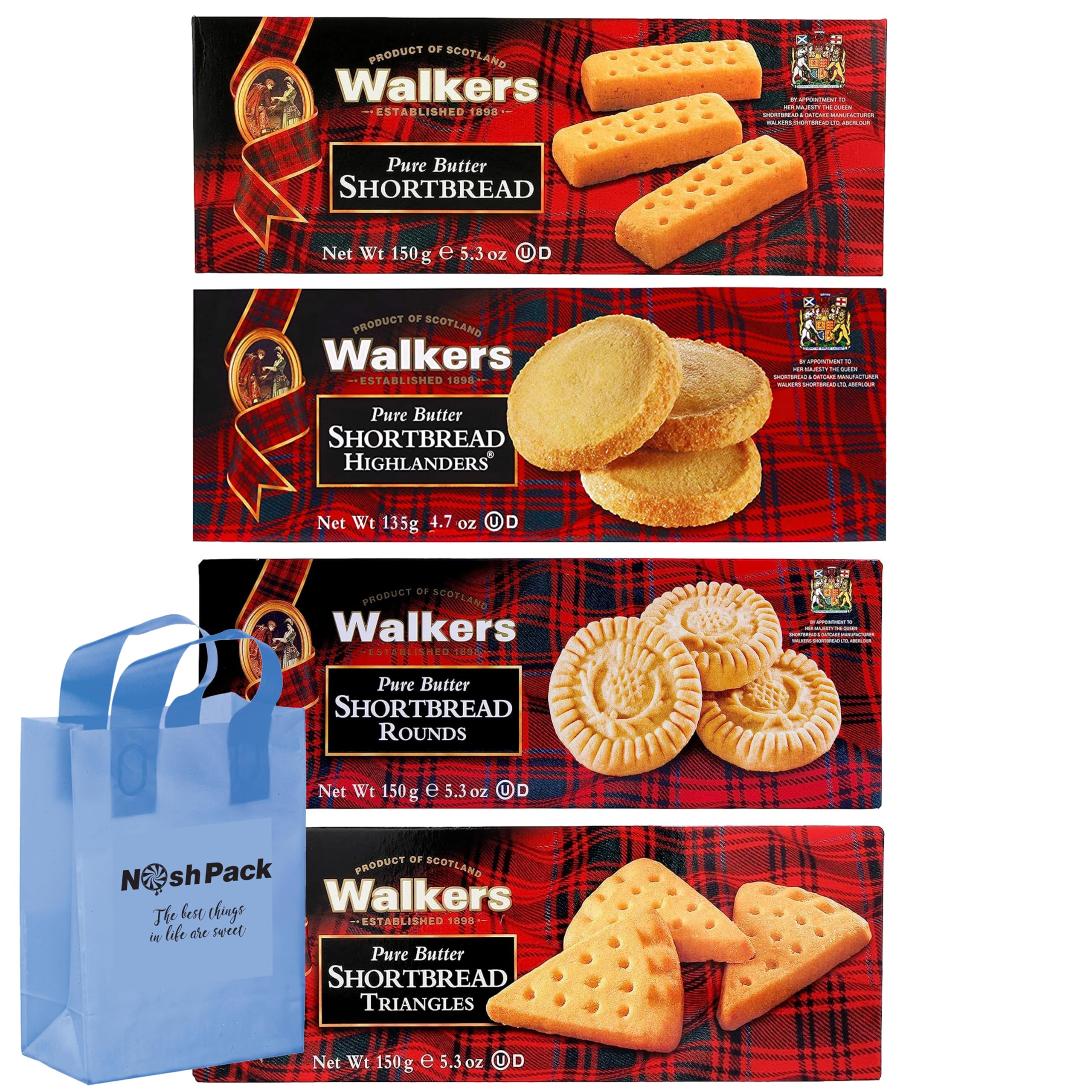 Premium Scottish Shortbread Cookies 4-Pack - Individually Wrapped Assortment (Triangle, Fingers, Highlanders & Rounds) with Gift Bag - Perfect for Tea Time, Gifts & Holiday Treats