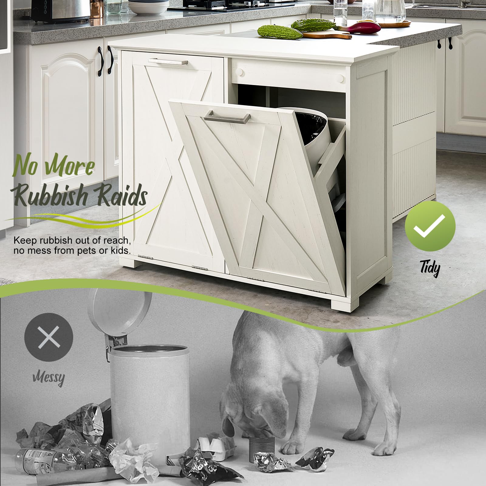 20-Gallon Tilt-Out Trash Can Cabinet with Odor Control | Pull-Out Recycling Bin Storage for Kitchen, Bedroom & Laundry | White Wooden Top Organizer | Perfect for Small Spaces & Waste Management