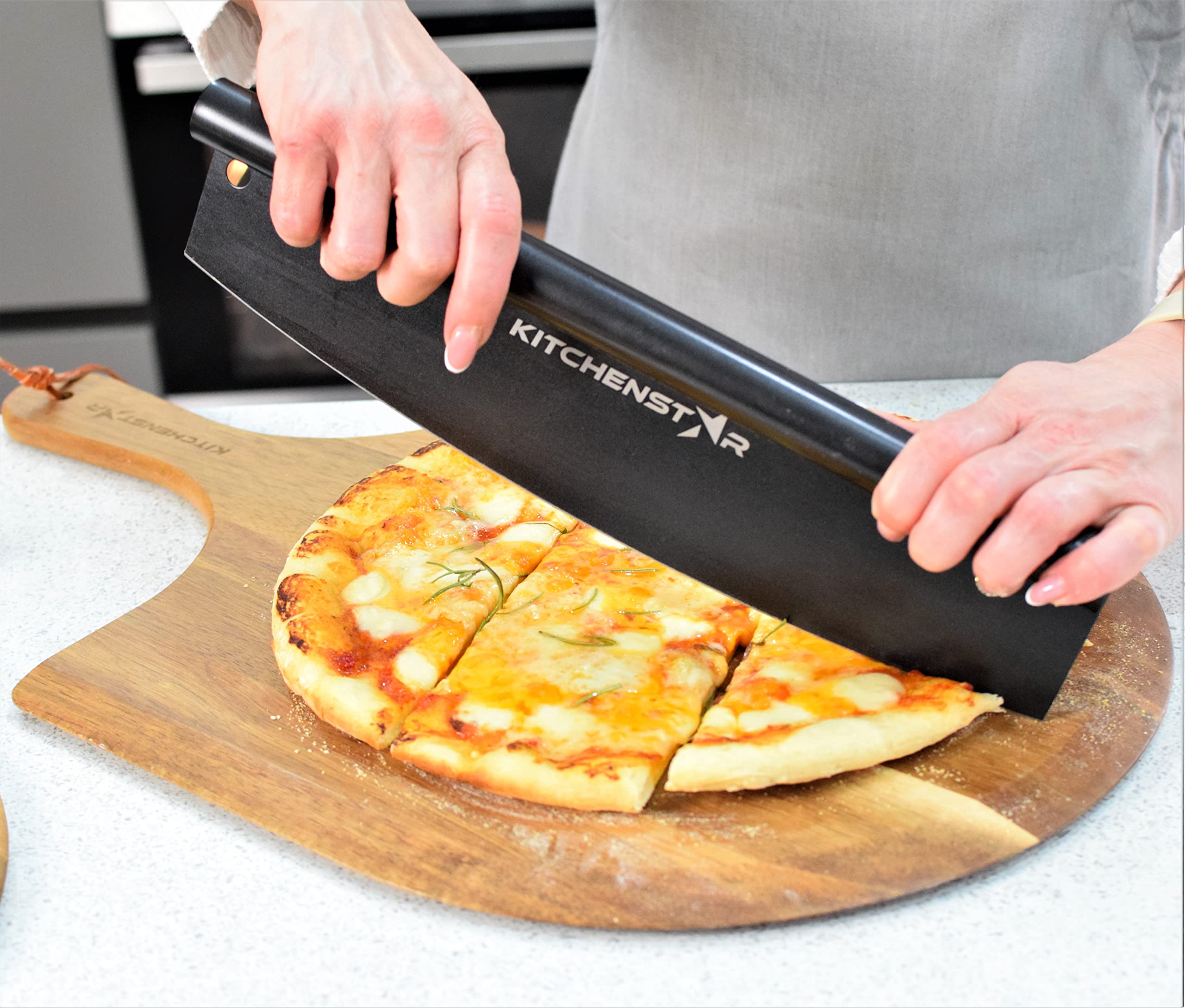 KitchenStar 12-Inch Stainless Steel Pizza Cutter Rocker - Sharp Black Non-Stick Pizza Slicer Knife with Blade Cover - Professional Pizza Making Tools & Oven Accessories - Dishwasher Safe - Perfect for Home Kitchens, Pizzerias, and Party Food Prep