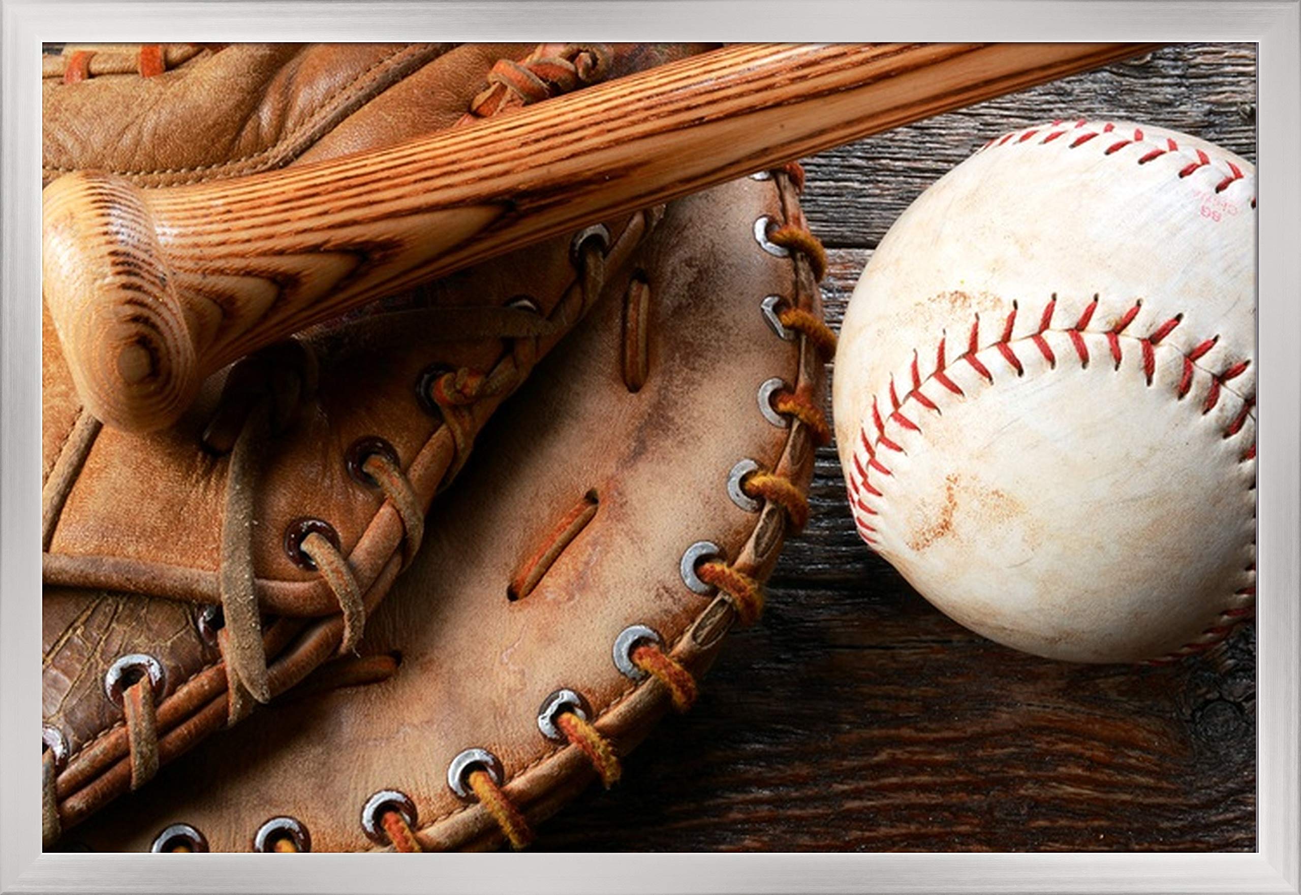 Vintage Baseball Memorabilia Set - Used Baseball, Glove & Bat Photography A-89896 (36x23 7/8 Giclee Art Print, Silver Wood Gallery Frame) - Perfect for Sports Lovers, Man Cave Decor & Baseball Fan Gifts