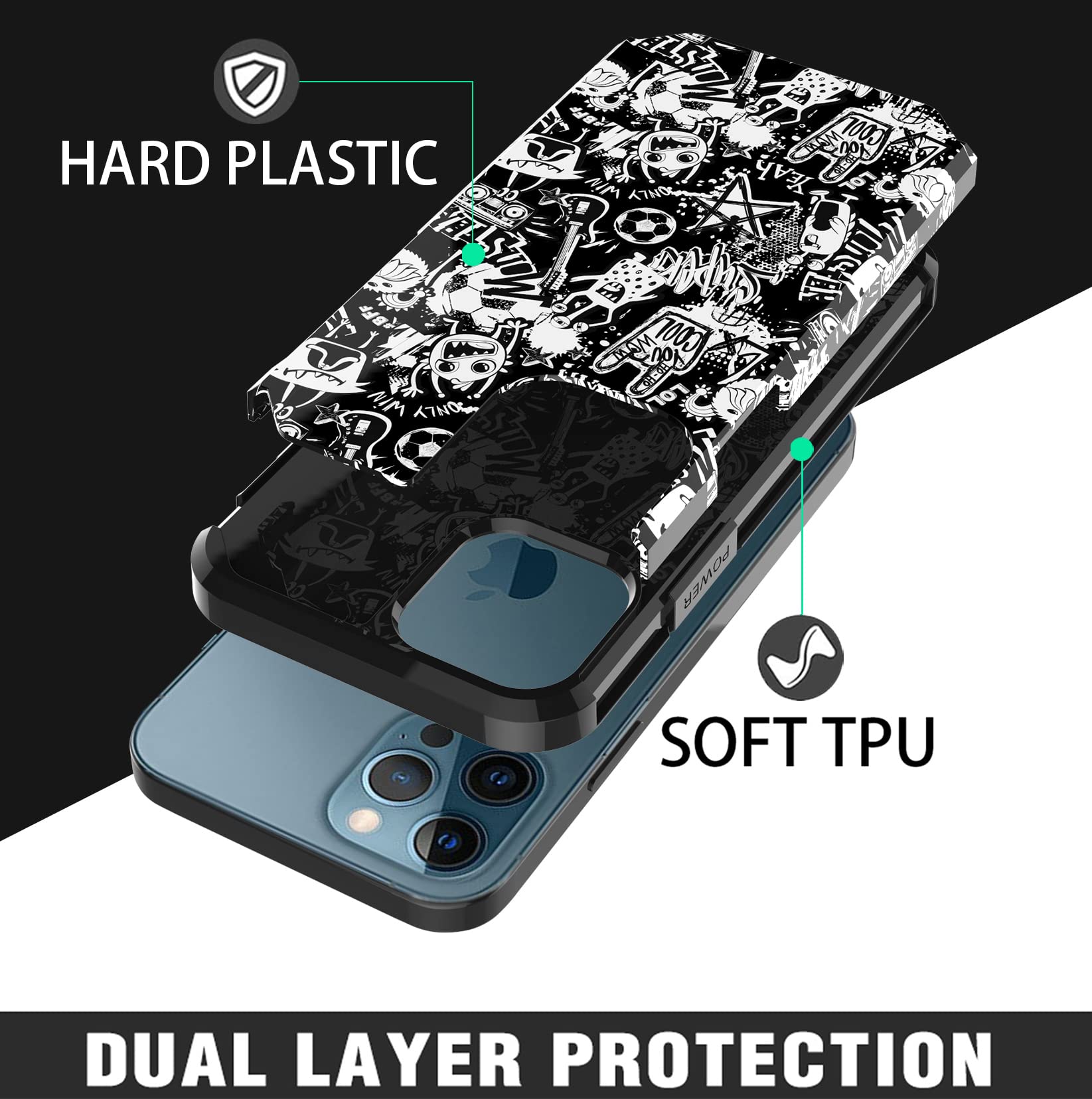 iPhone 12 Pro Max Case - Heavy Duty Dual Layer Protective Cover with Graffiti Design | Shockproof, Anti-Scratch & Stylish Bumper Phone Case (Black) - Perfect for Outdoor Activities, Travel & Daily Protection