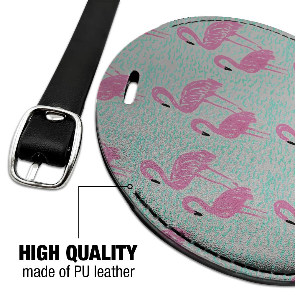 Stylish Round Leather Luggage Tag with Flamingo & Wave Design - Durable Suitcase ID Tag for Carry-On Bags - Perfect for Travel, Vacation & Business Trips