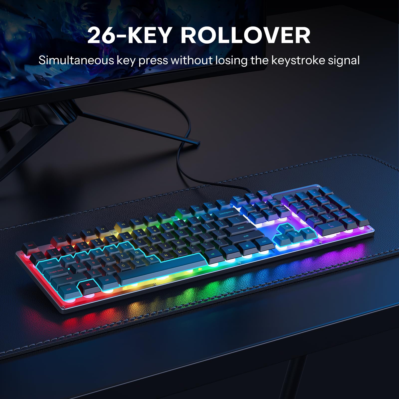 OMOTON Wired Gaming Keyboard - Full Size 104 Keys with 26 Anti-Ghosting, LED Backlit, 12 Multimedia Keys, Silent Membrane Keyboard for PC, Computer, Office, Gaming - Perfect for FPS, MMO, Typing & Work (Black)