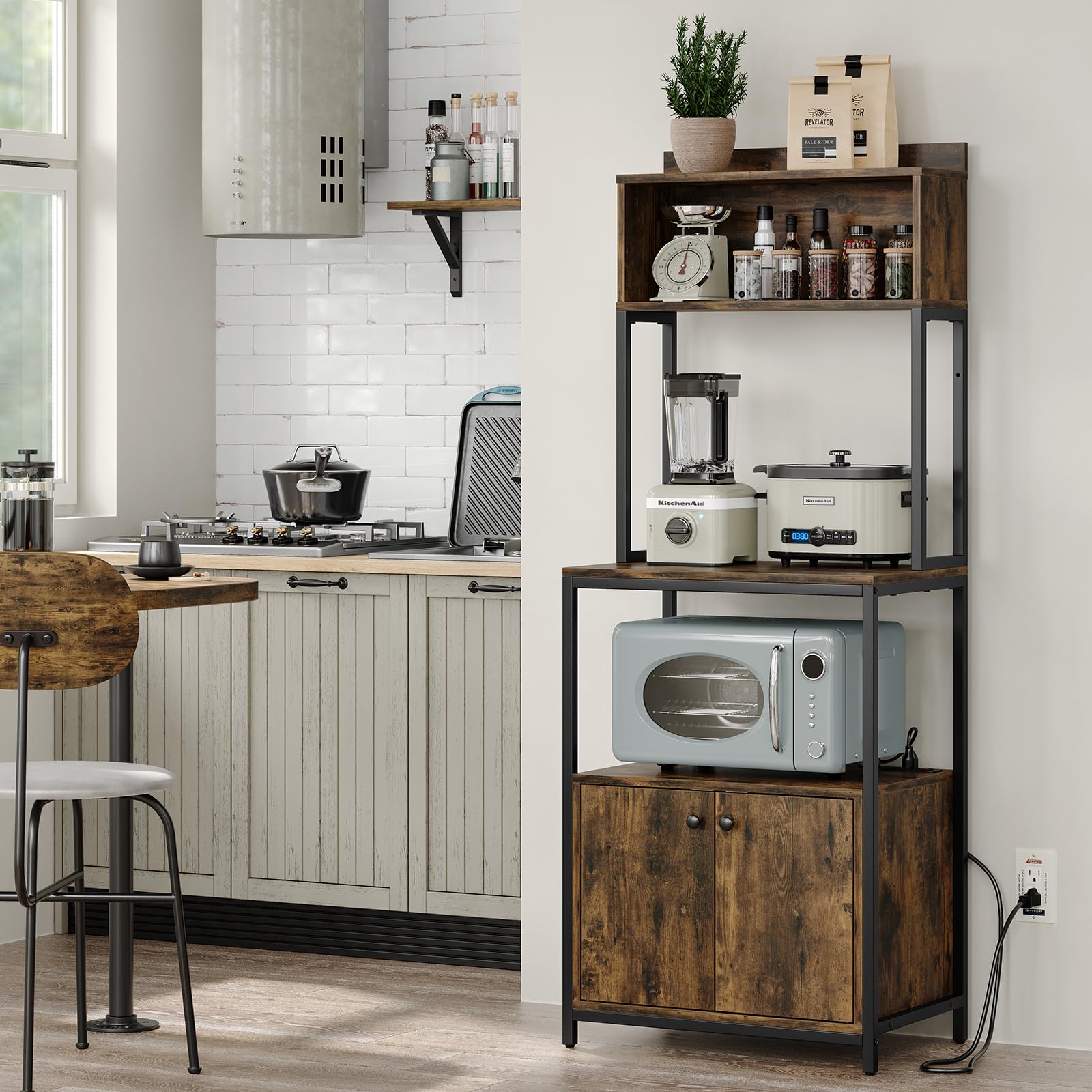 Industrial 5-Tier Kitchen Bakers Rack with Power Outlet & Storage - Rustic Brown for Coffee Bar & Microwave Stand