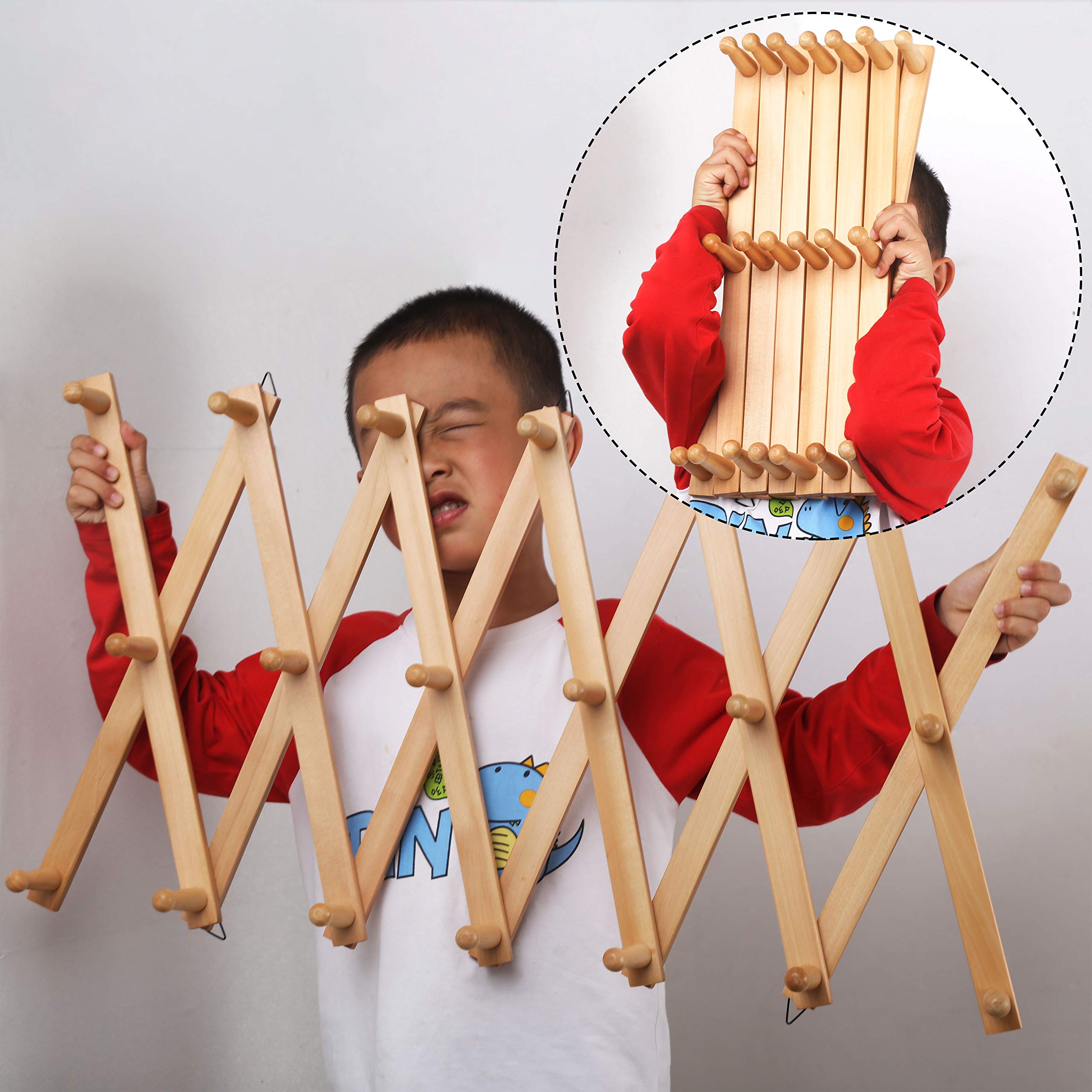 WEBI Expandable Wooden Wall Hanger - 20 Peg Coat & Hat Rack Organizer for Jackets, Caps, Scarves - Natural Finish Accordion Style Space-Saving Storage (2 Pack) - Perfect for Entryway, Bedroom, Closet & Small Space Organization