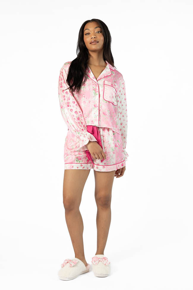 Pink Multi Floral Long Sleeve Satin Pajama Top for Women - Soft Sleepwear for Comfortable Nights & Relaxing Evenings at Home
