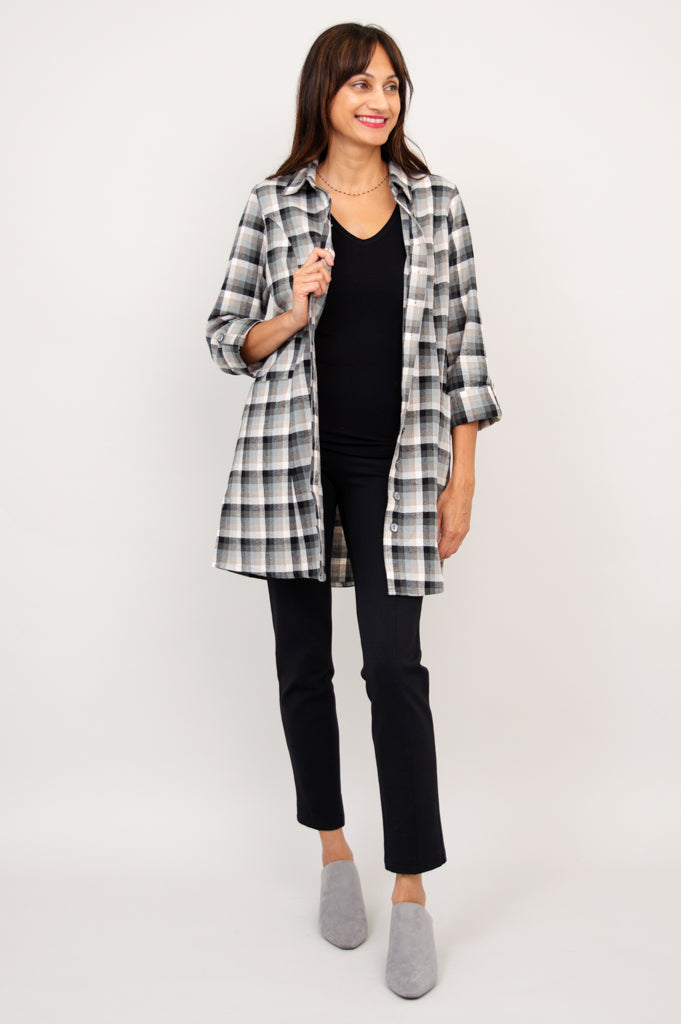 Larissa Tunic Top - Black Retro Plaid Cotton Flannel Shirt for Women | Vintage Style Fall Winter Fashion | Perfect for Casual Outfits, Office Wear & Holiday Parties