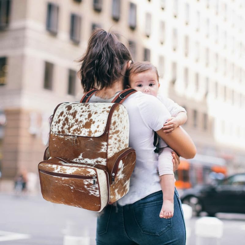 Western Cowhide Print Leather Diaper Backpack for Women - Large Travel Baby Bag with Multiple Pockets | Stylish Brown & White Design | Perfect Shower Gift for New Moms, Nursing & Travel Use
